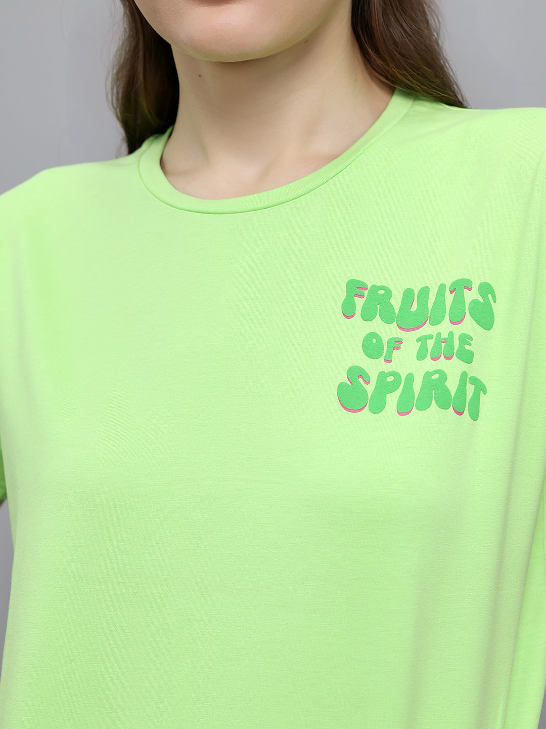 Women Fluorescent Green Printed Round Neck Half Sleeve Top