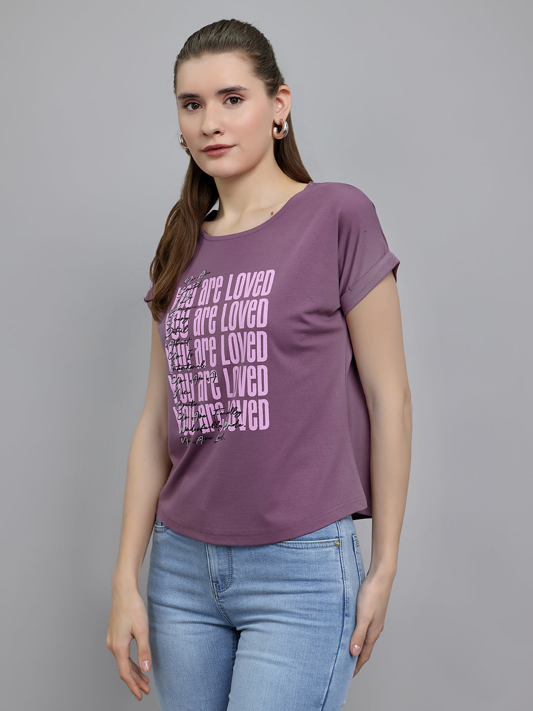 Women Mauve Printed Round Neck Half Sleeve Top