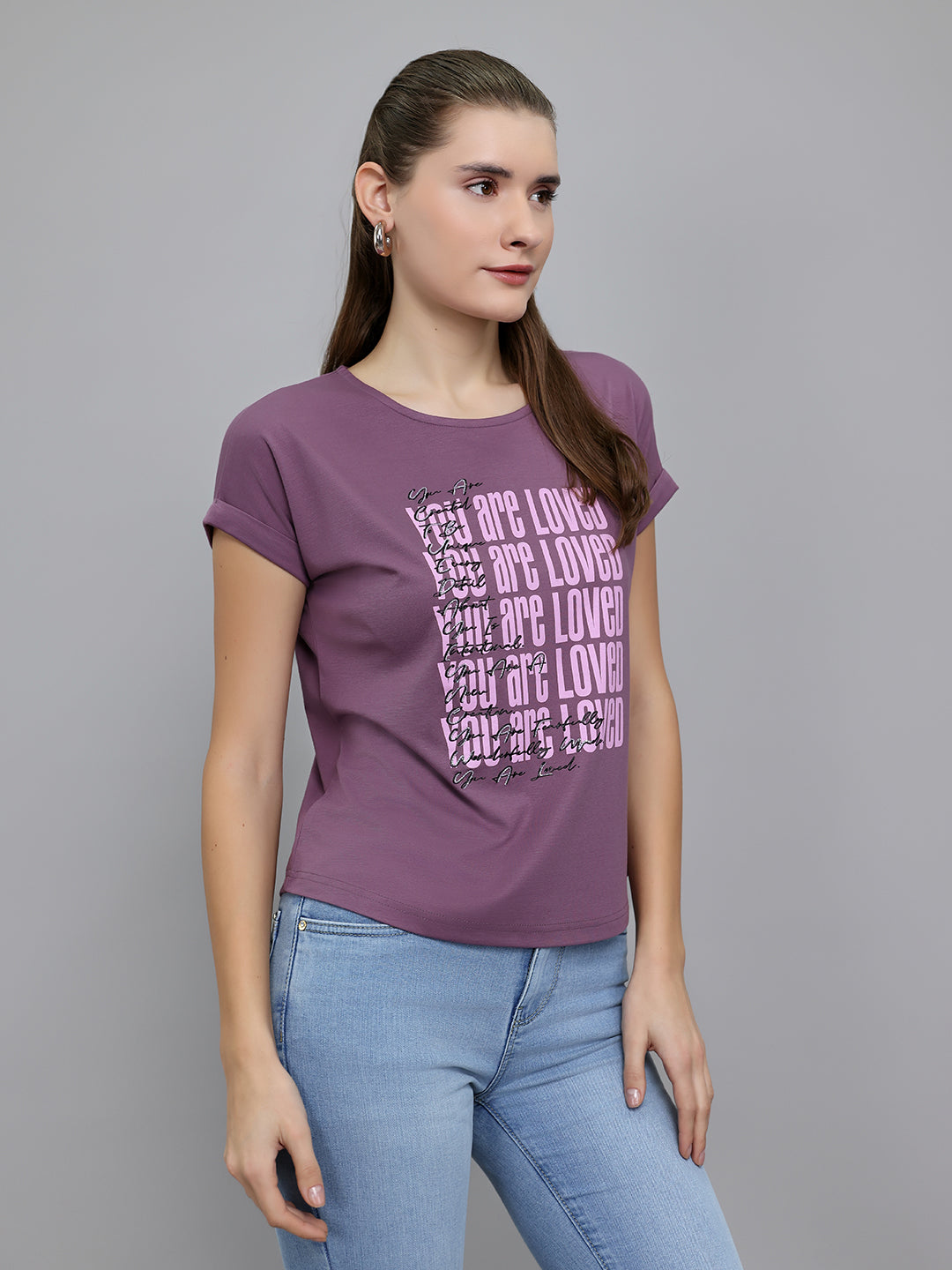 Women Mauve Printed Round Neck Half Sleeve Top