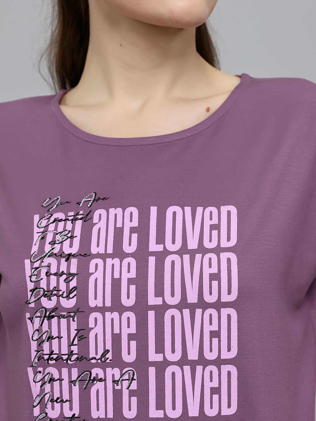 Women Mauve Printed Round Neck Half Sleeve Top
