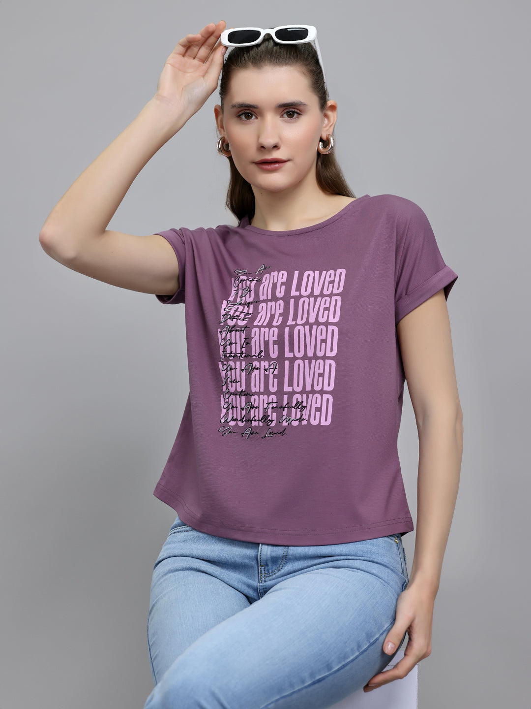 Women Mauve Printed Round Neck Half Sleeve Top