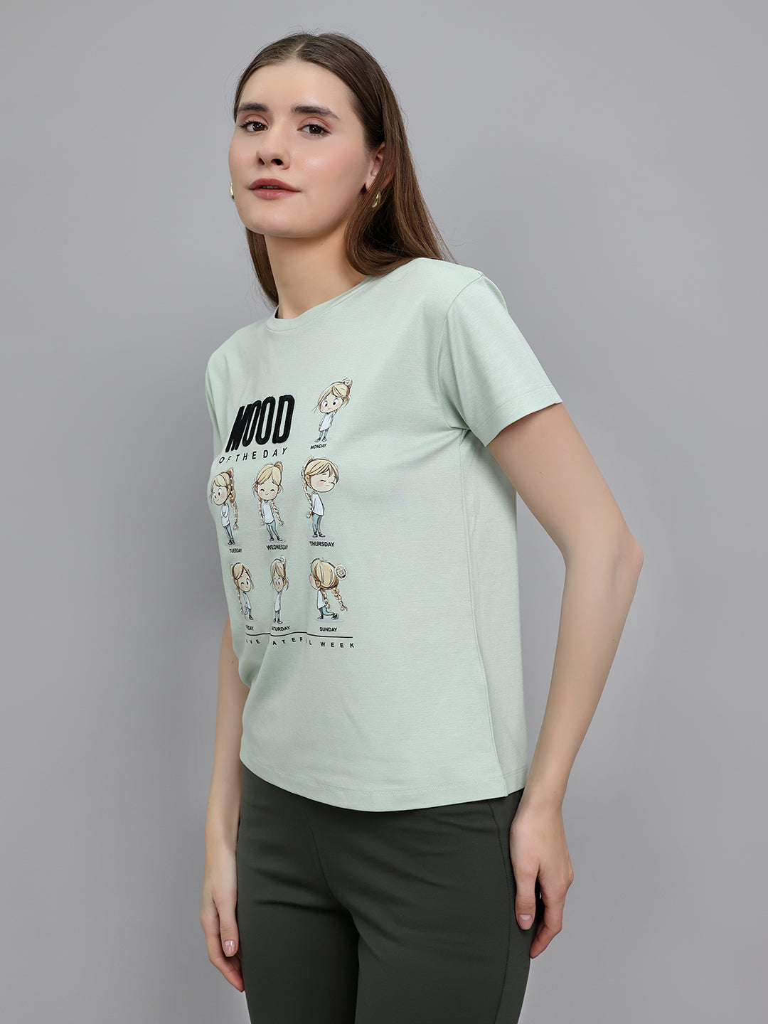 Women Light Green Printed Round Neck Half Sleeve Top
