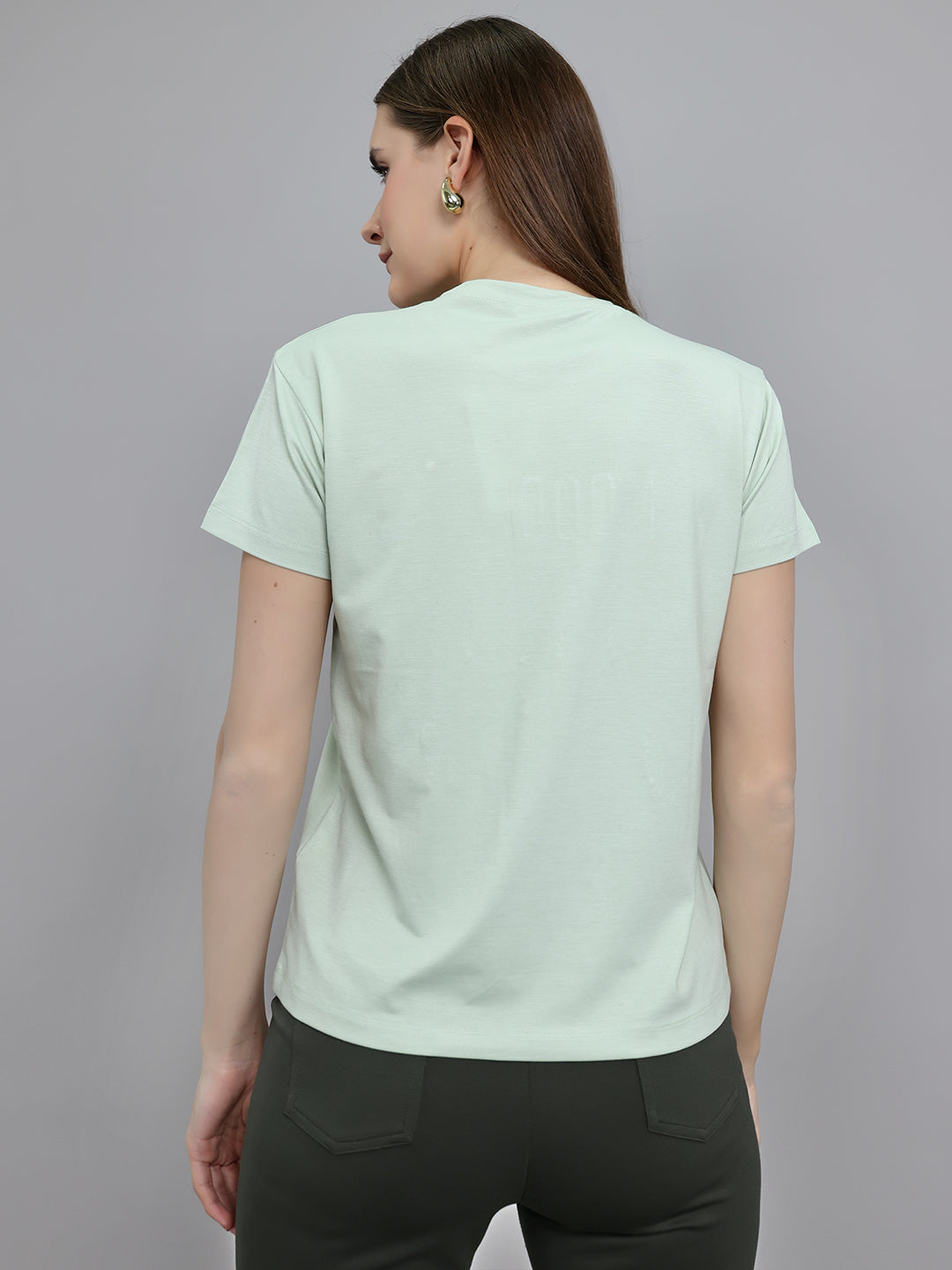 Women Light Green Printed Round Neck Half Sleeve Top