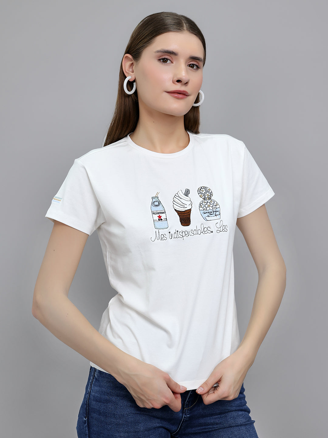 Women Off White Embroidered Round Neck Half Sleeve Top