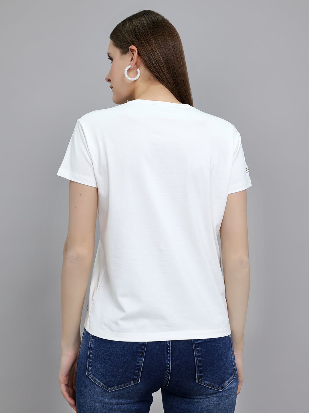 Women Off White Embroidered Round Neck Half Sleeve Top