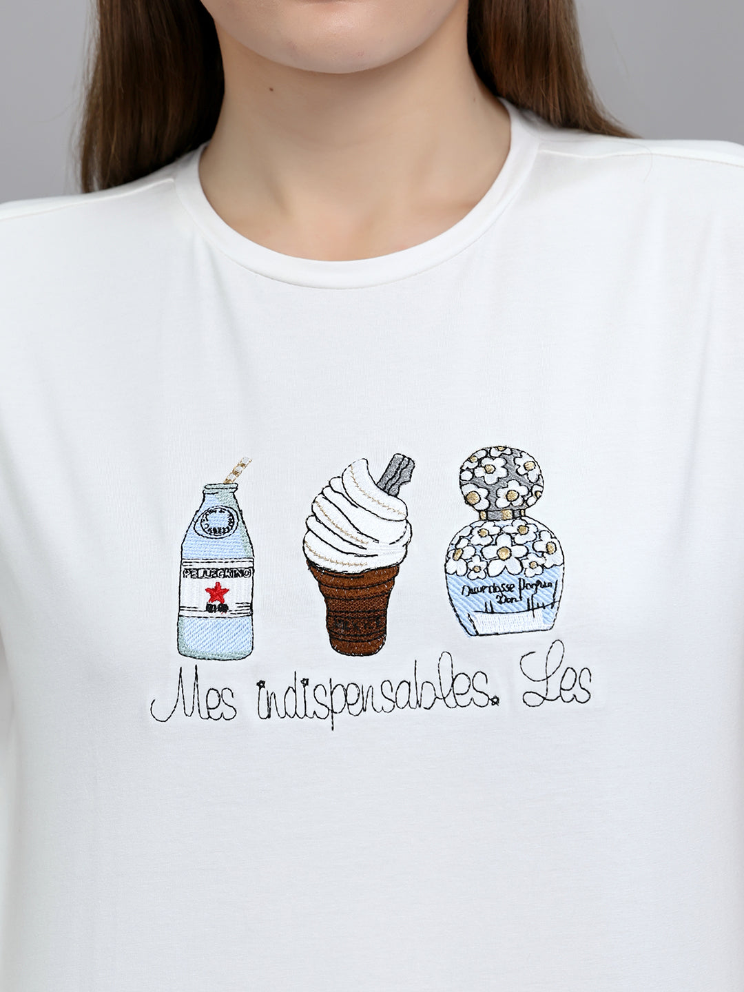 Women Off White Embroidered Round Neck Half Sleeve Top