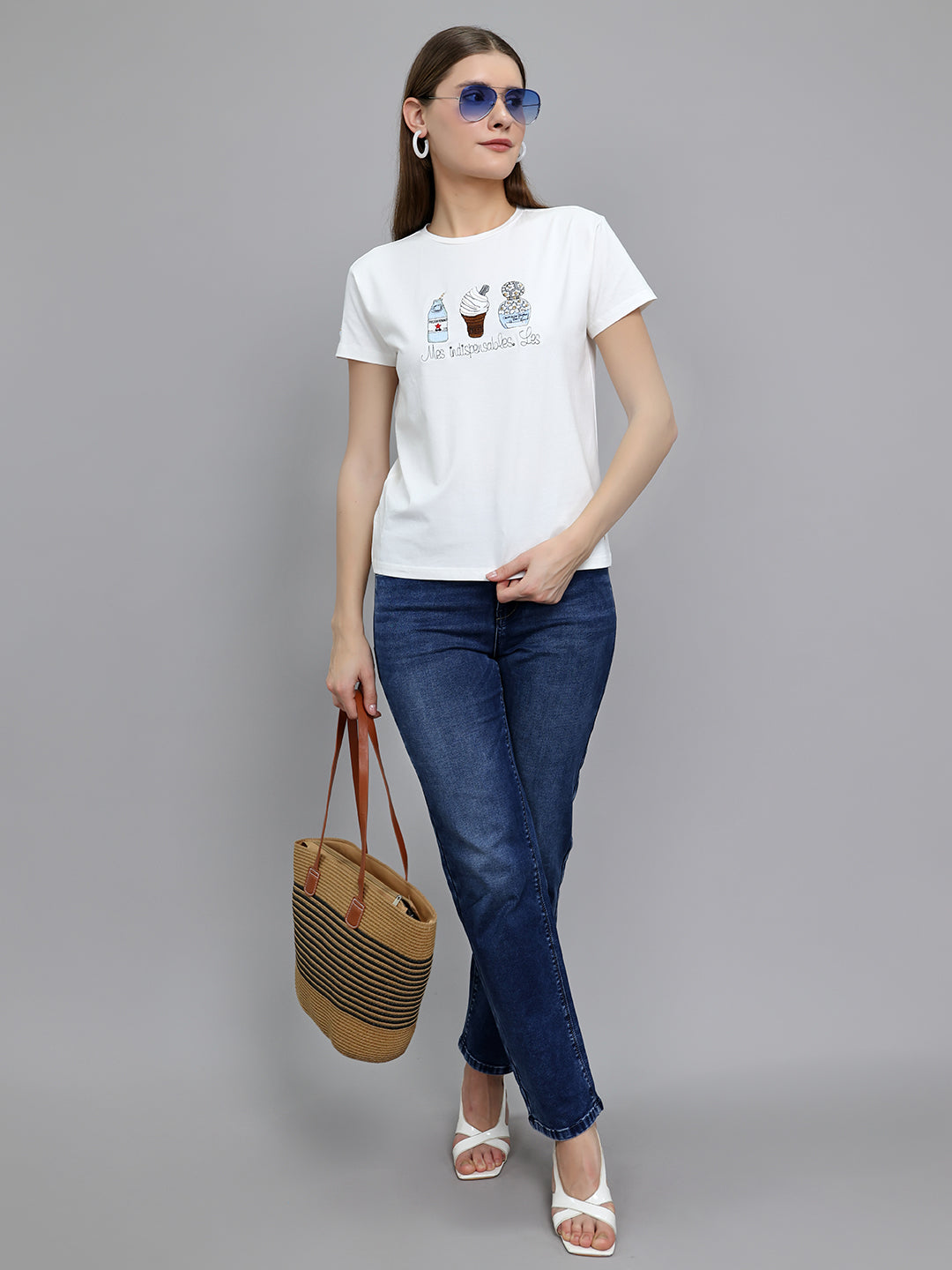 Women Off White Embroidered Round Neck Half Sleeve Top