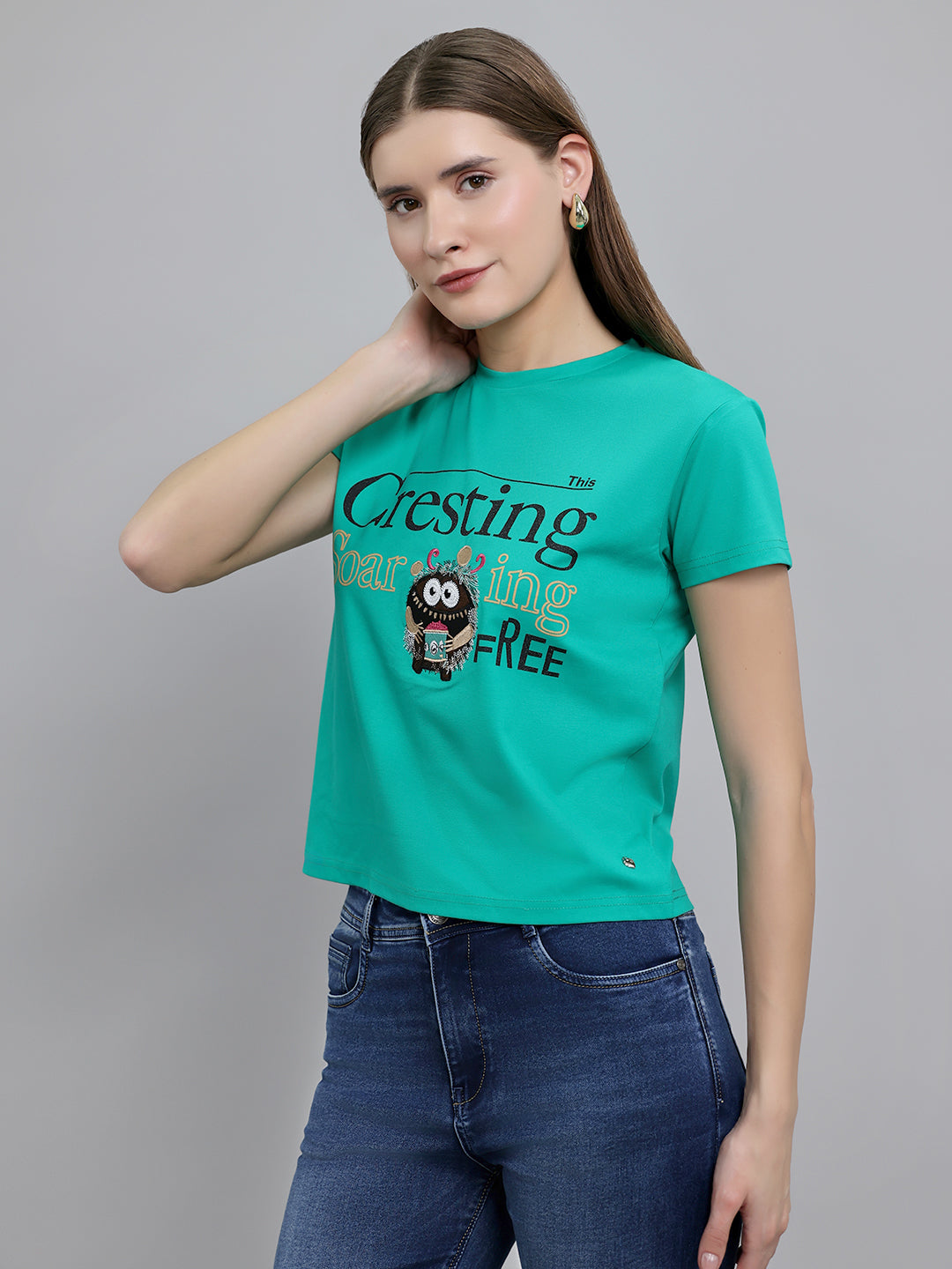Women Green Printed Round Neck Half Sleeve Top