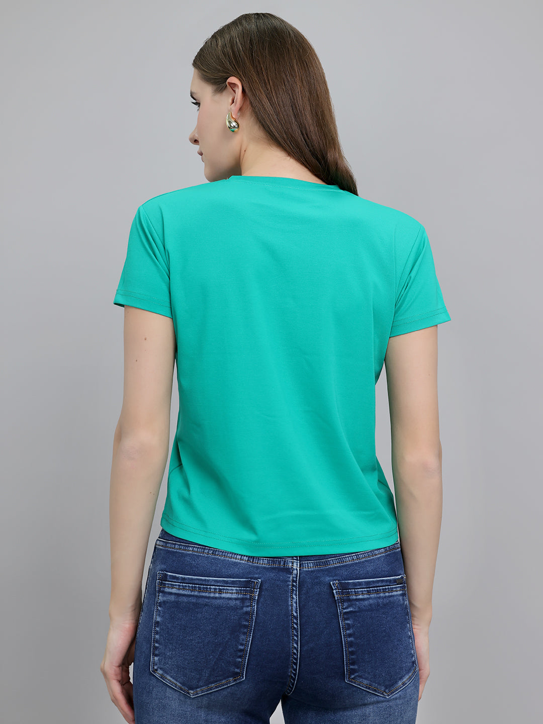 Women Green Printed Round Neck Half Sleeve Top