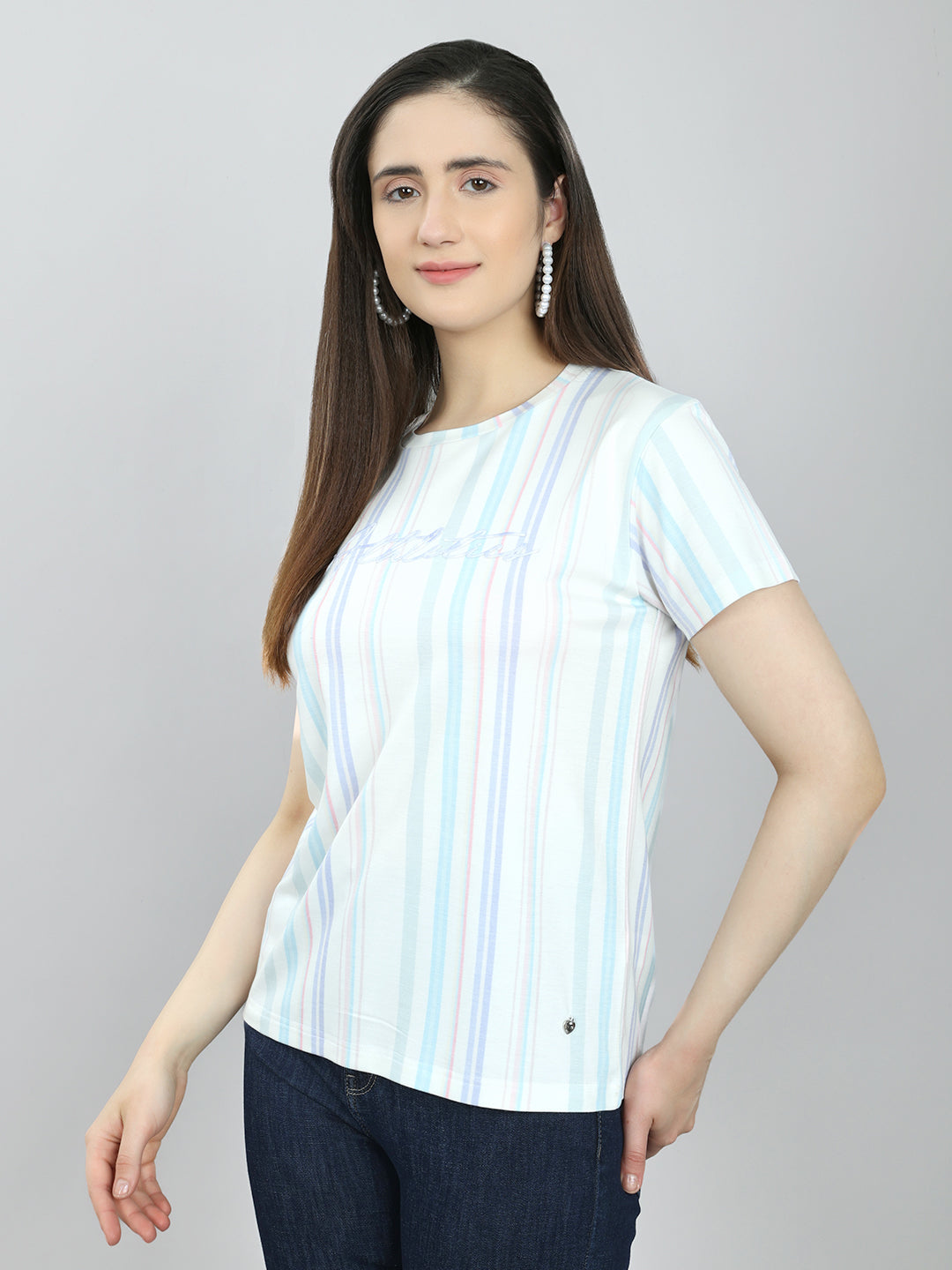 Women Off White Stripe Round Neck Half Sleeve Top