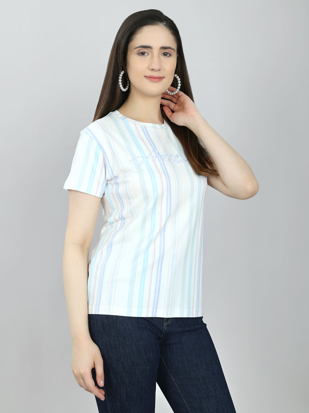 Women Off White Stripe Round Neck Half Sleeve Top