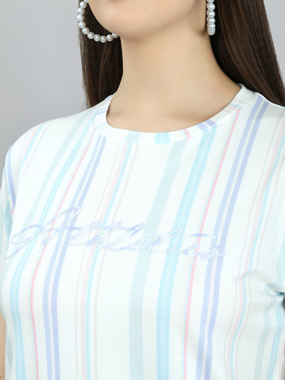 Women Off White Stripe Round Neck Half Sleeve Top