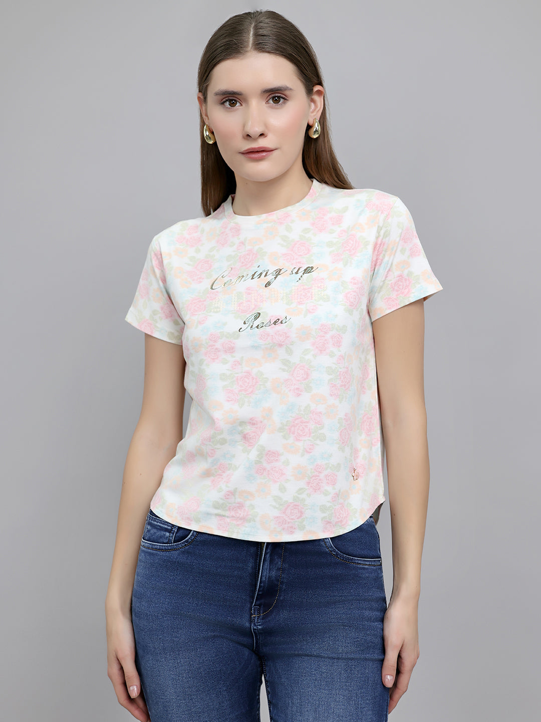 Women Multicolor Floral Print Round Neck Half Sleeve Top