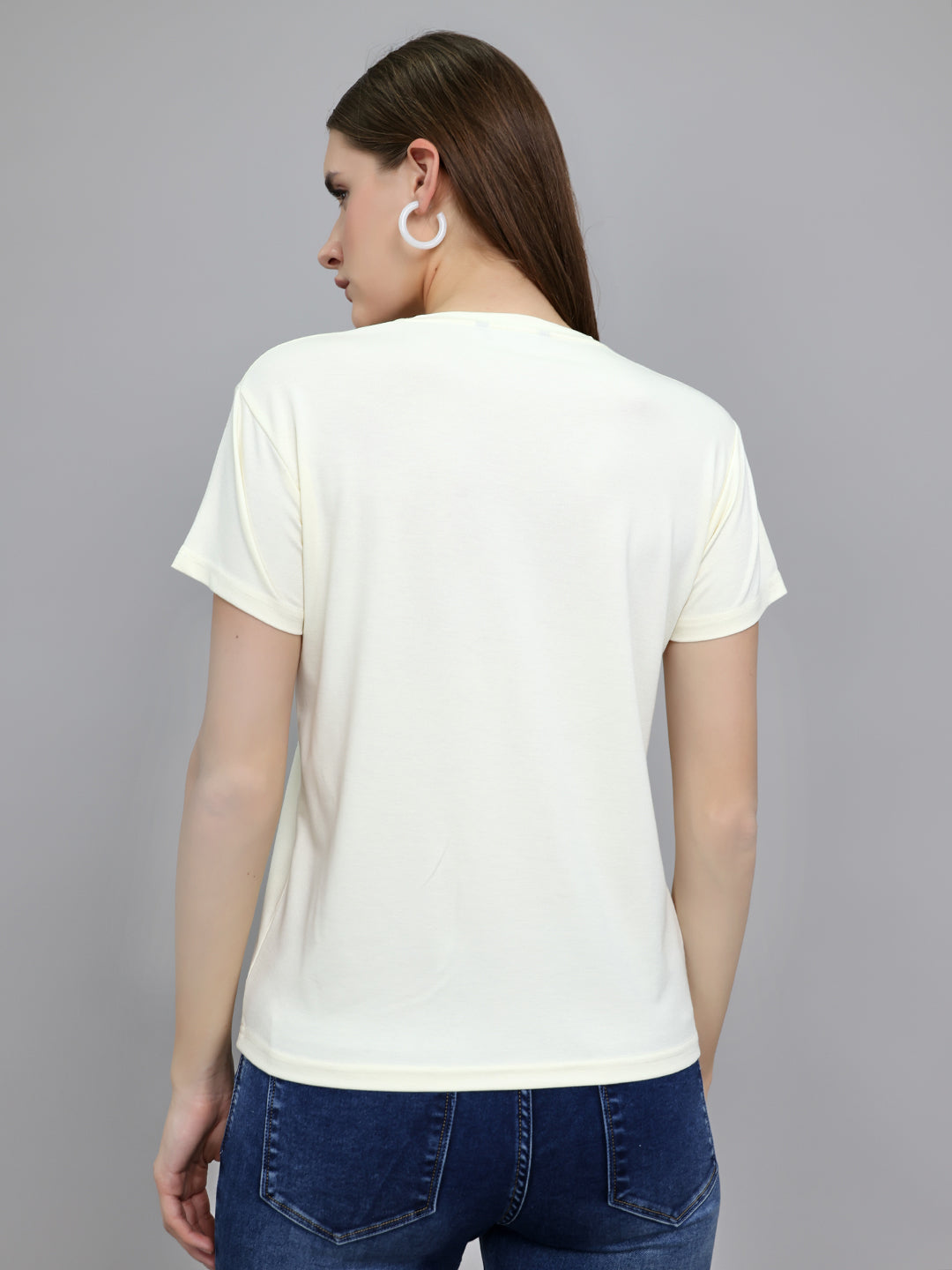Women Off White Printed Round Neck Half Sleeve Top