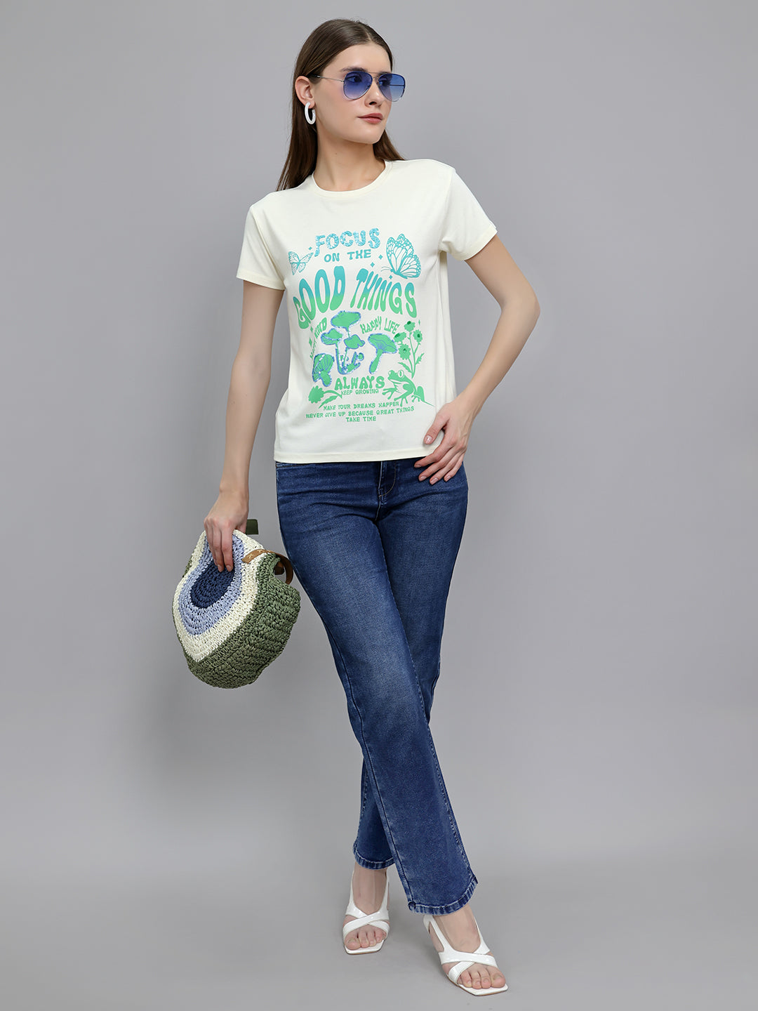 Women Off White Printed Round Neck Half Sleeve Top