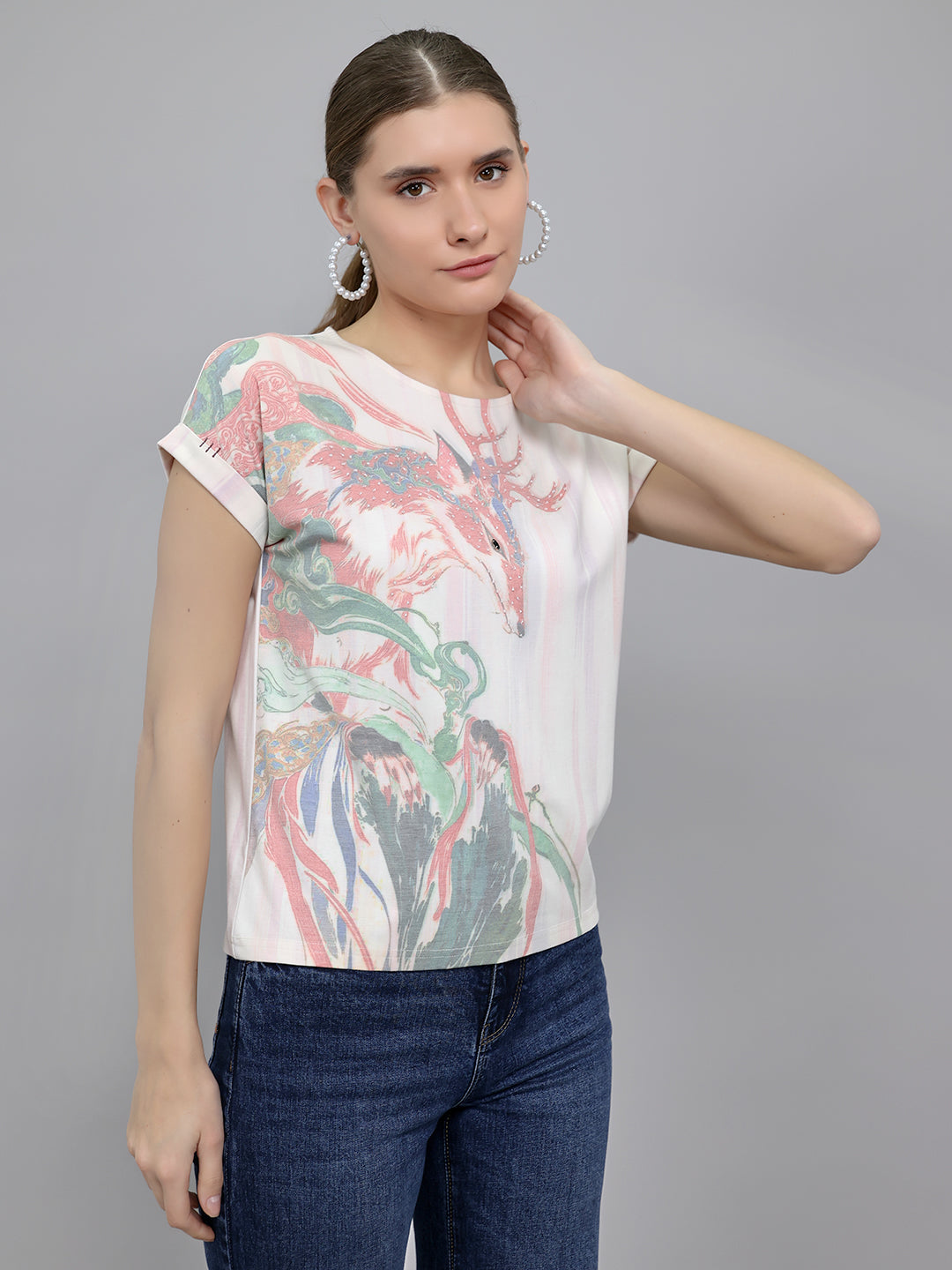 Women Multicolor Printed Round Neck Half Sleeve Top
