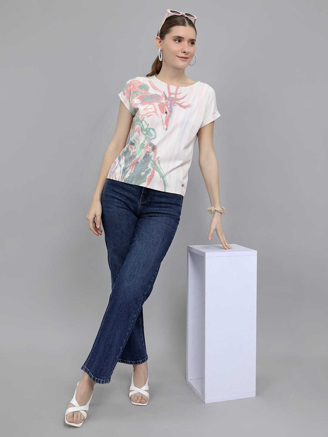 Women Multicolor Printed Round Neck Half Sleeve Top