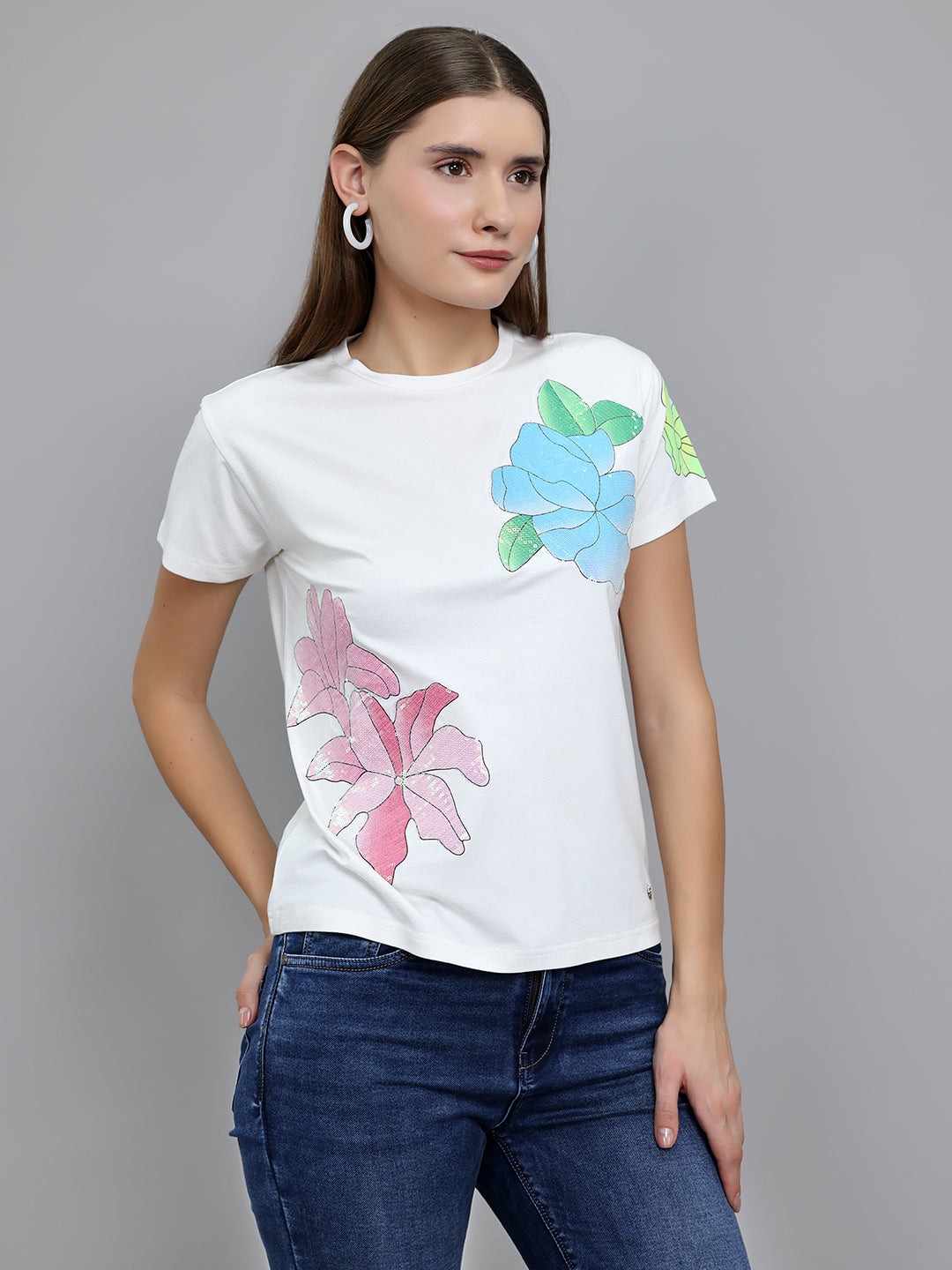 Women Off White Embroidered Round Neck Half Sleeve Top