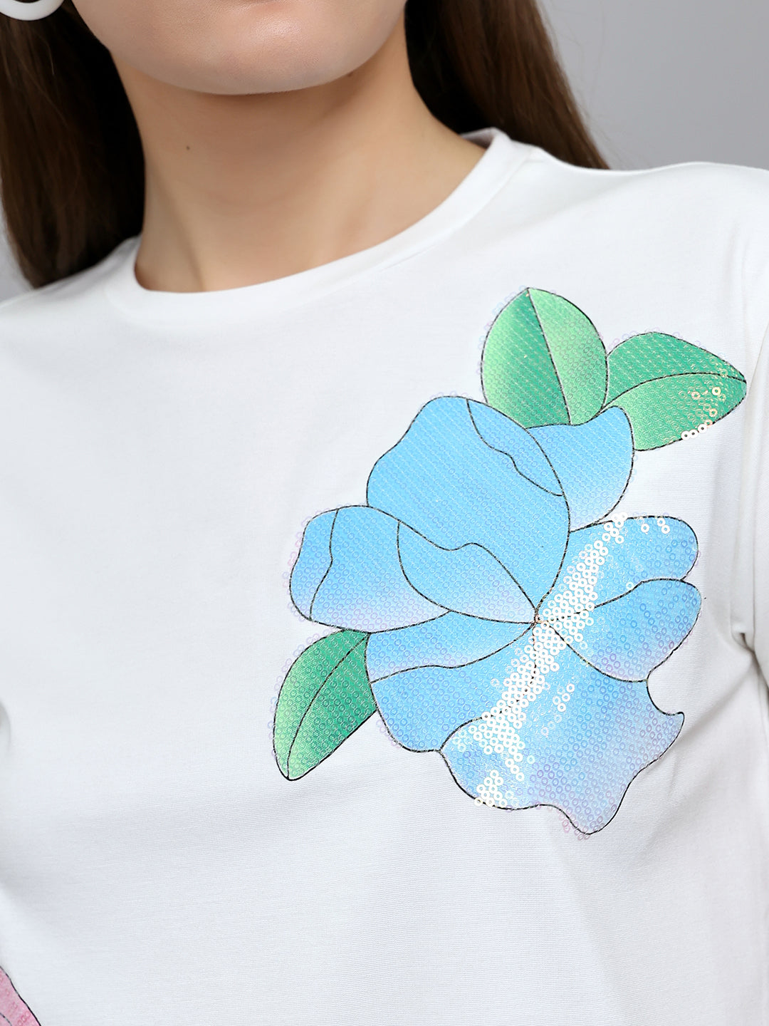 Women Off White Embroidered Round Neck Half Sleeve Top