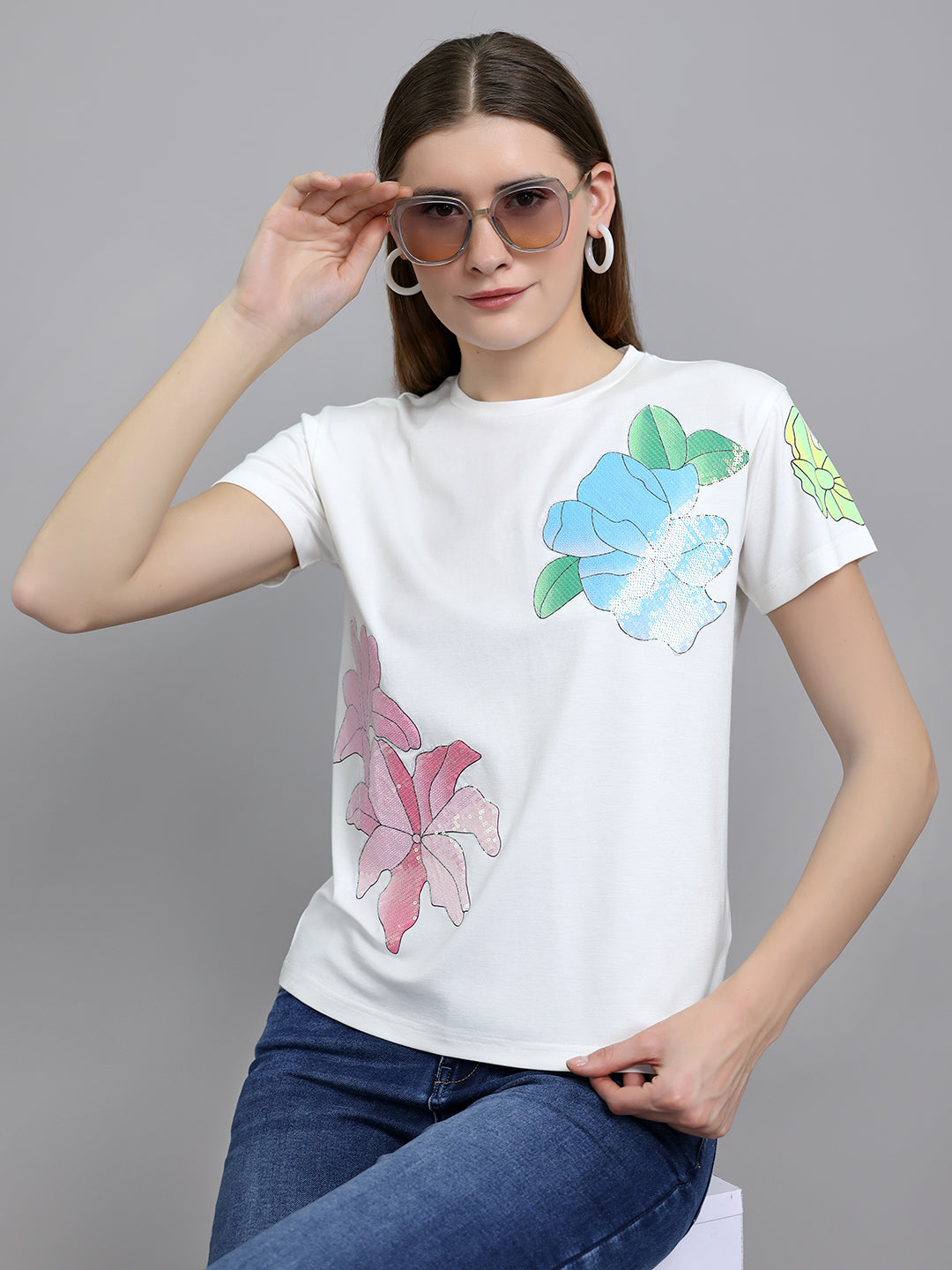 Women Off White Embroidered Round Neck Half Sleeve Top