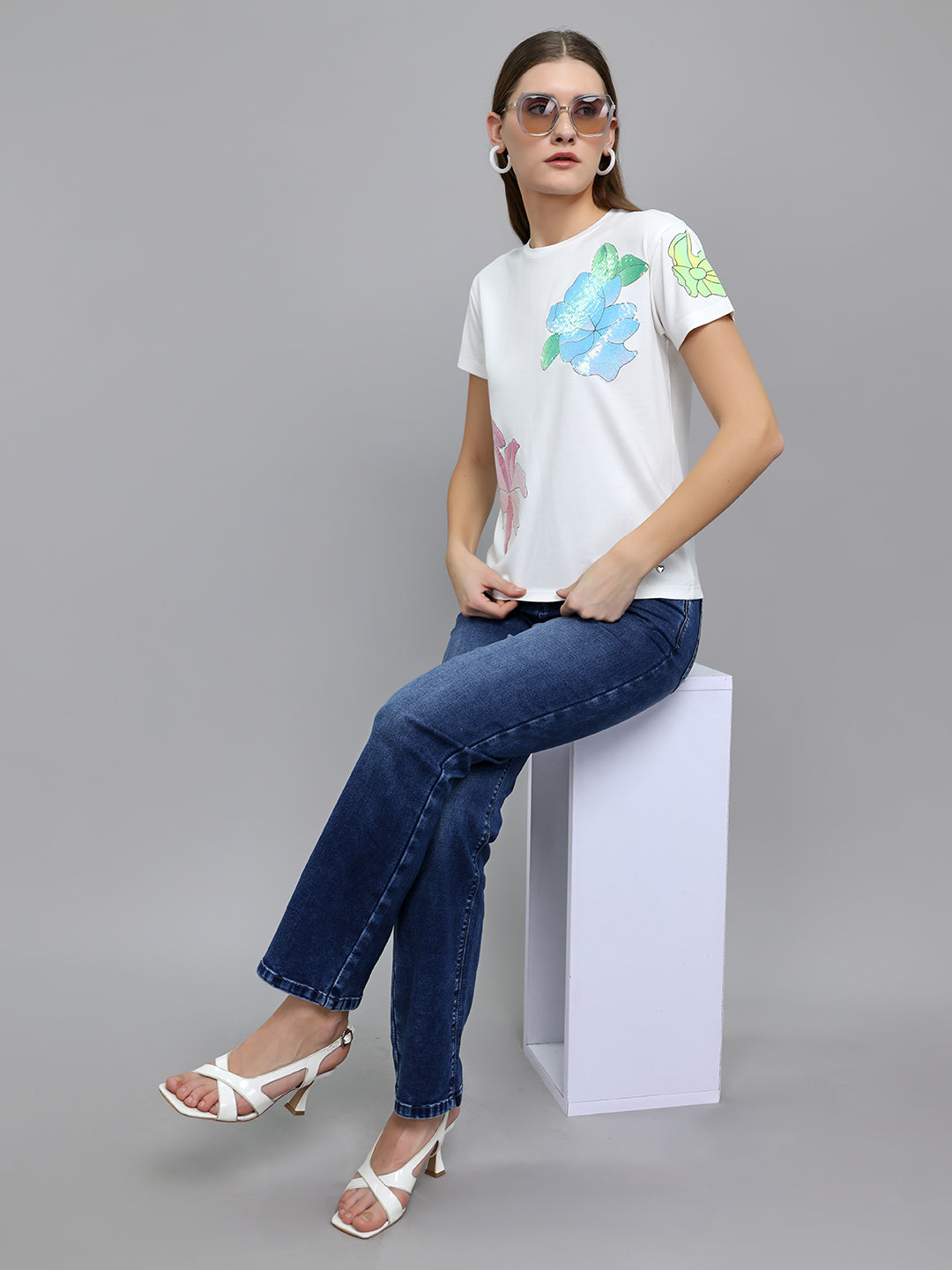 Women Off White Embroidered Round Neck Half Sleeve Top