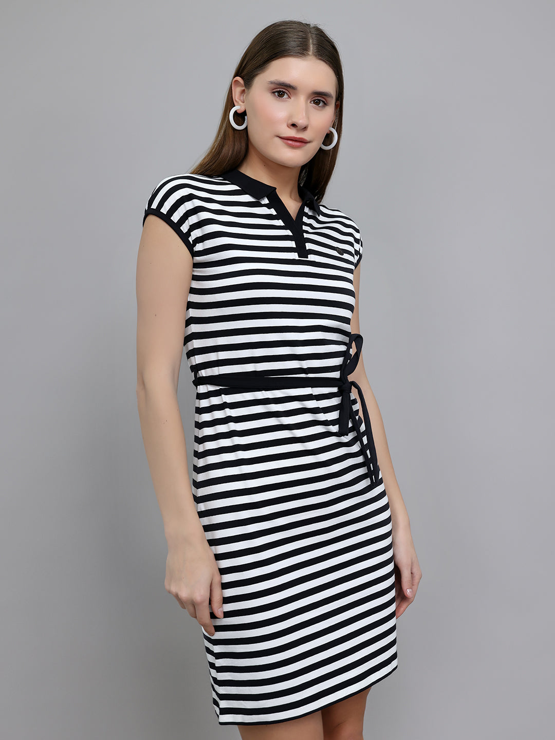 Women Black Stripe Collar Sleeveless Dress