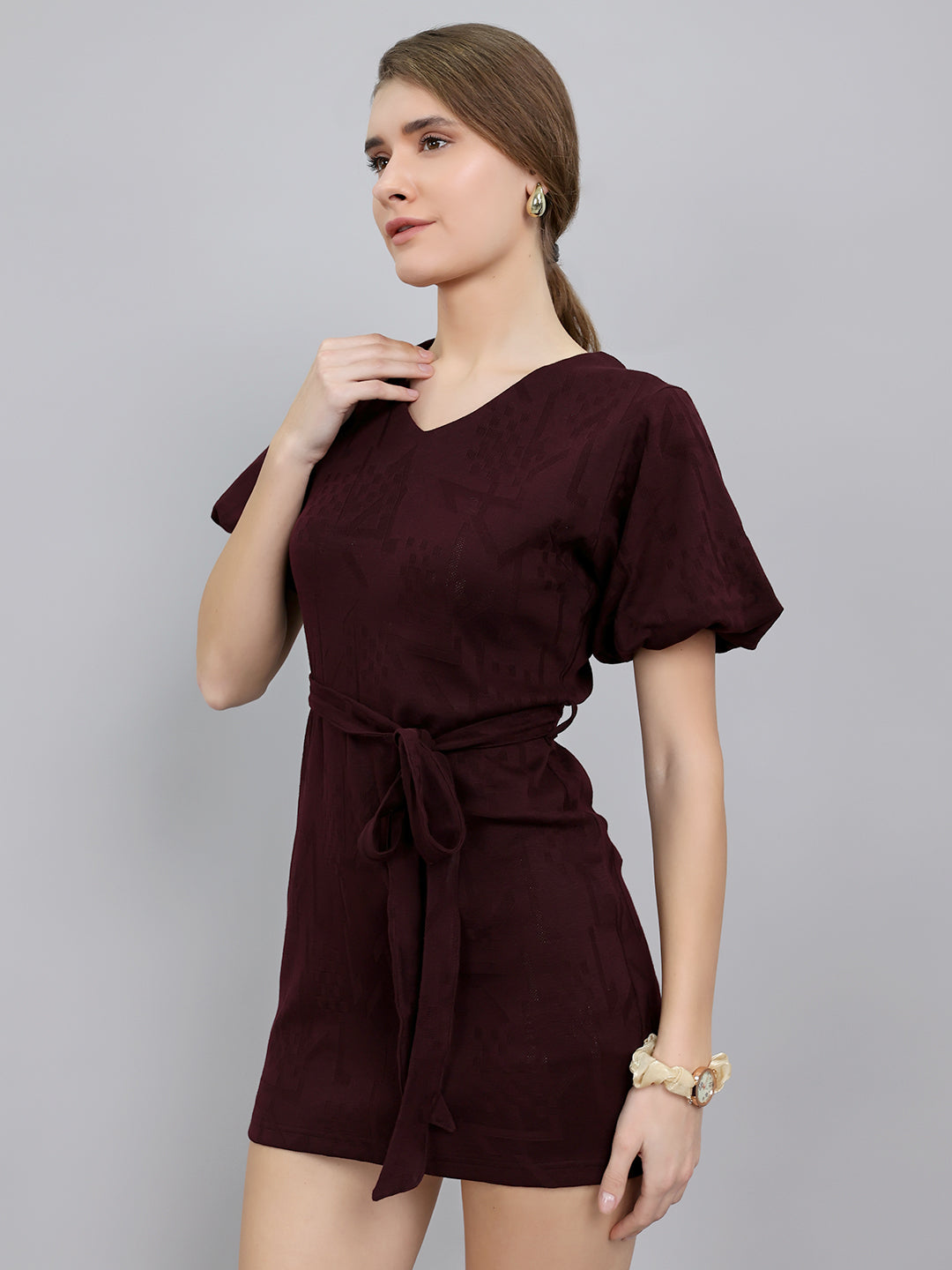 Women Maroon Self Design V Neck Half Sleeve Dress