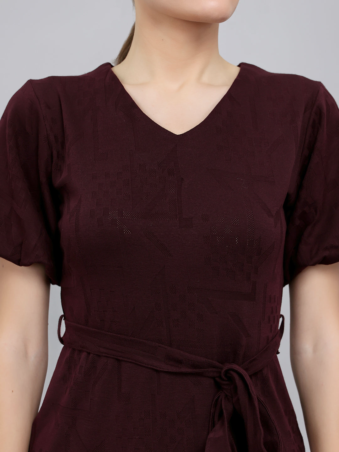 Women Maroon Self Design V Neck Half Sleeve Dress