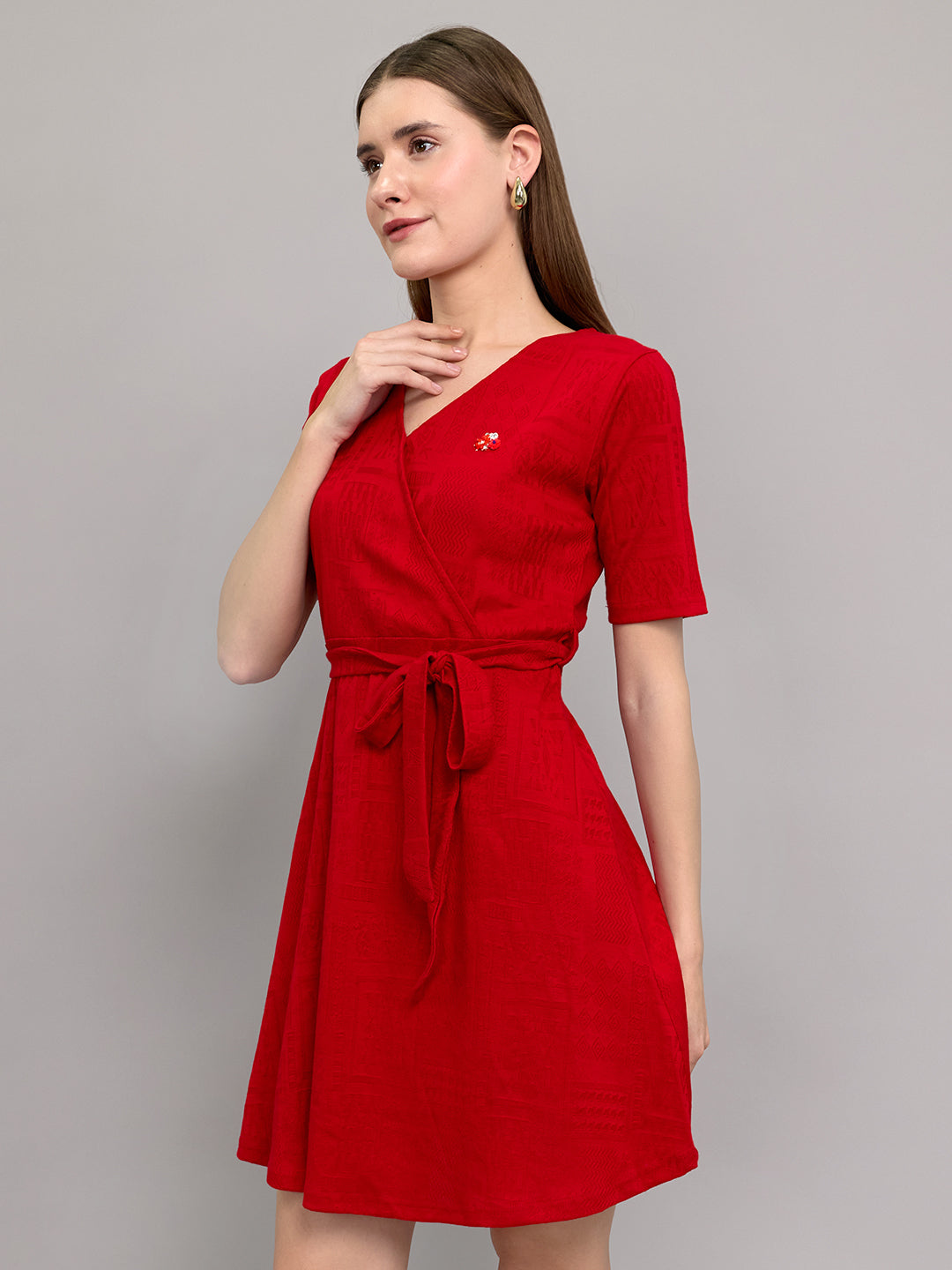 Women Red Jacquard V Neck Half Sleeve Dress