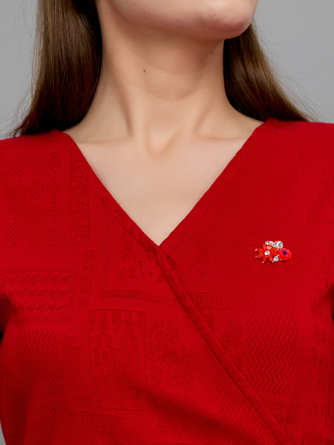 Women Red Jacquard V Neck Half Sleeve Dress