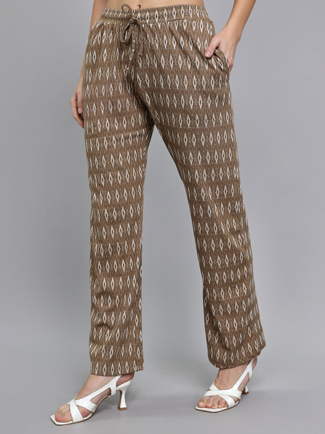 Women Brown Self Design Round Neck Half Sleeve Cords Set