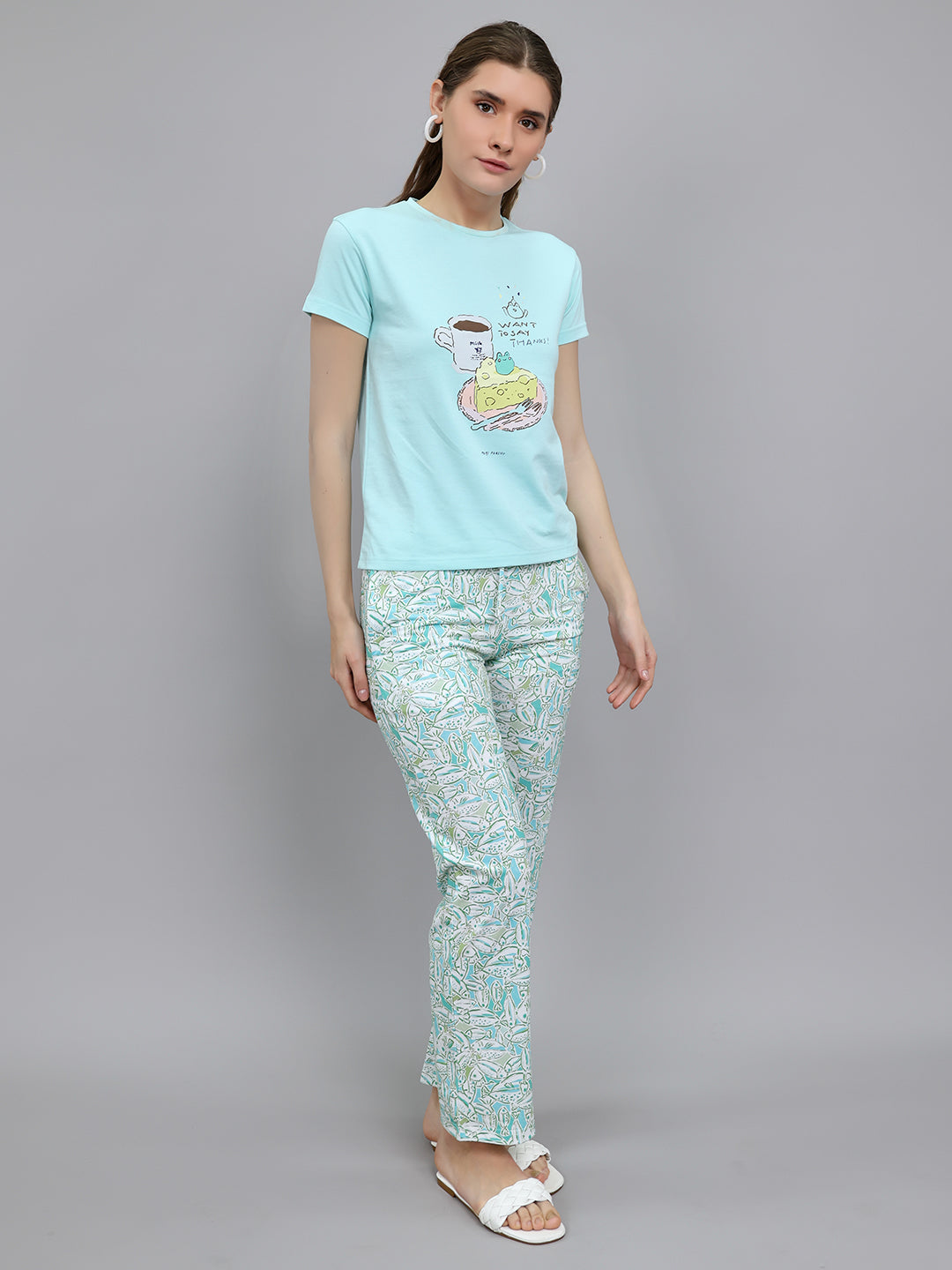 Women Turquoise Blue Printed Round Neck Half Sleeve Lower Set