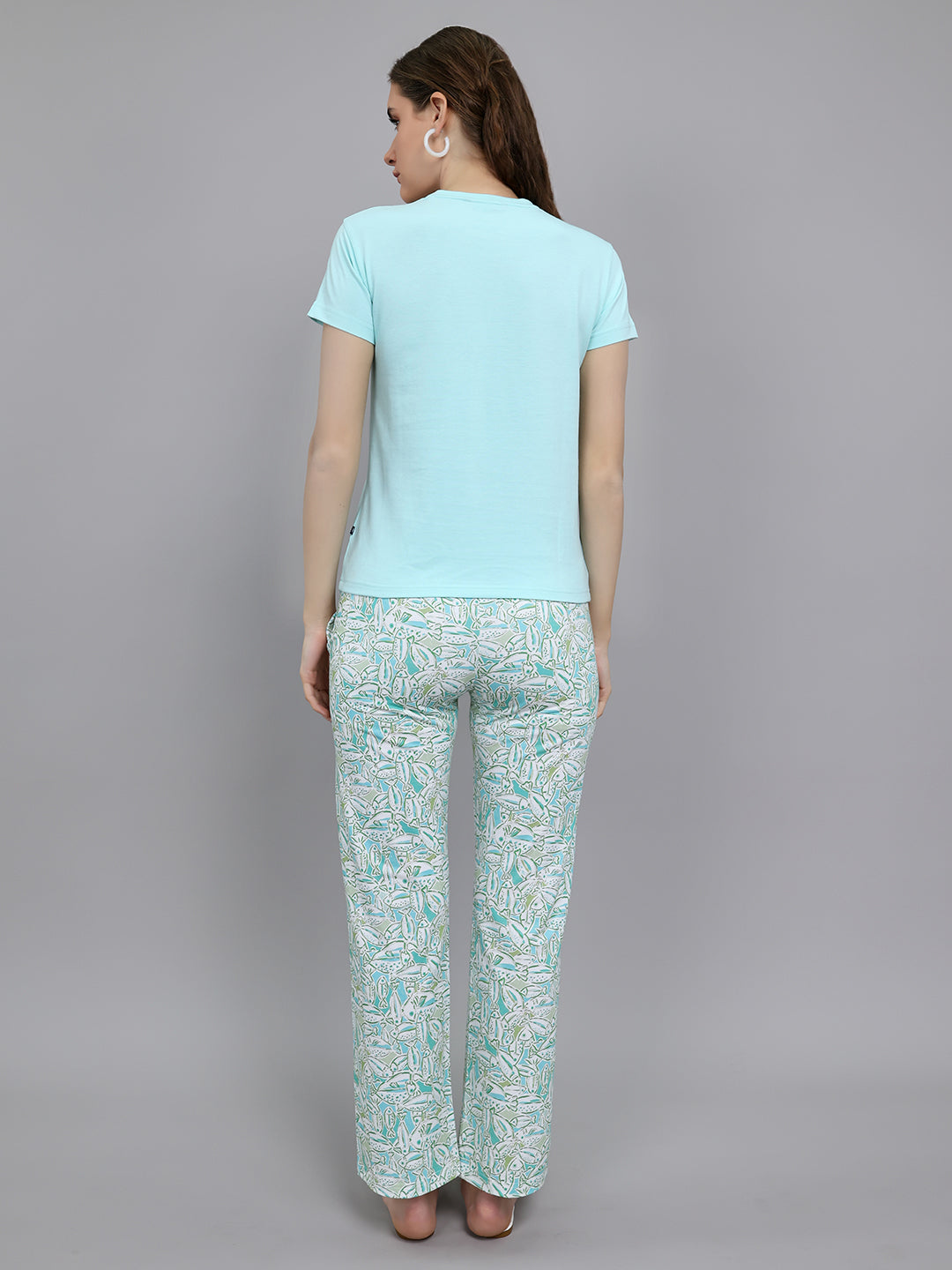 Women Turquoise Blue Printed Round Neck Half Sleeve Lower Set