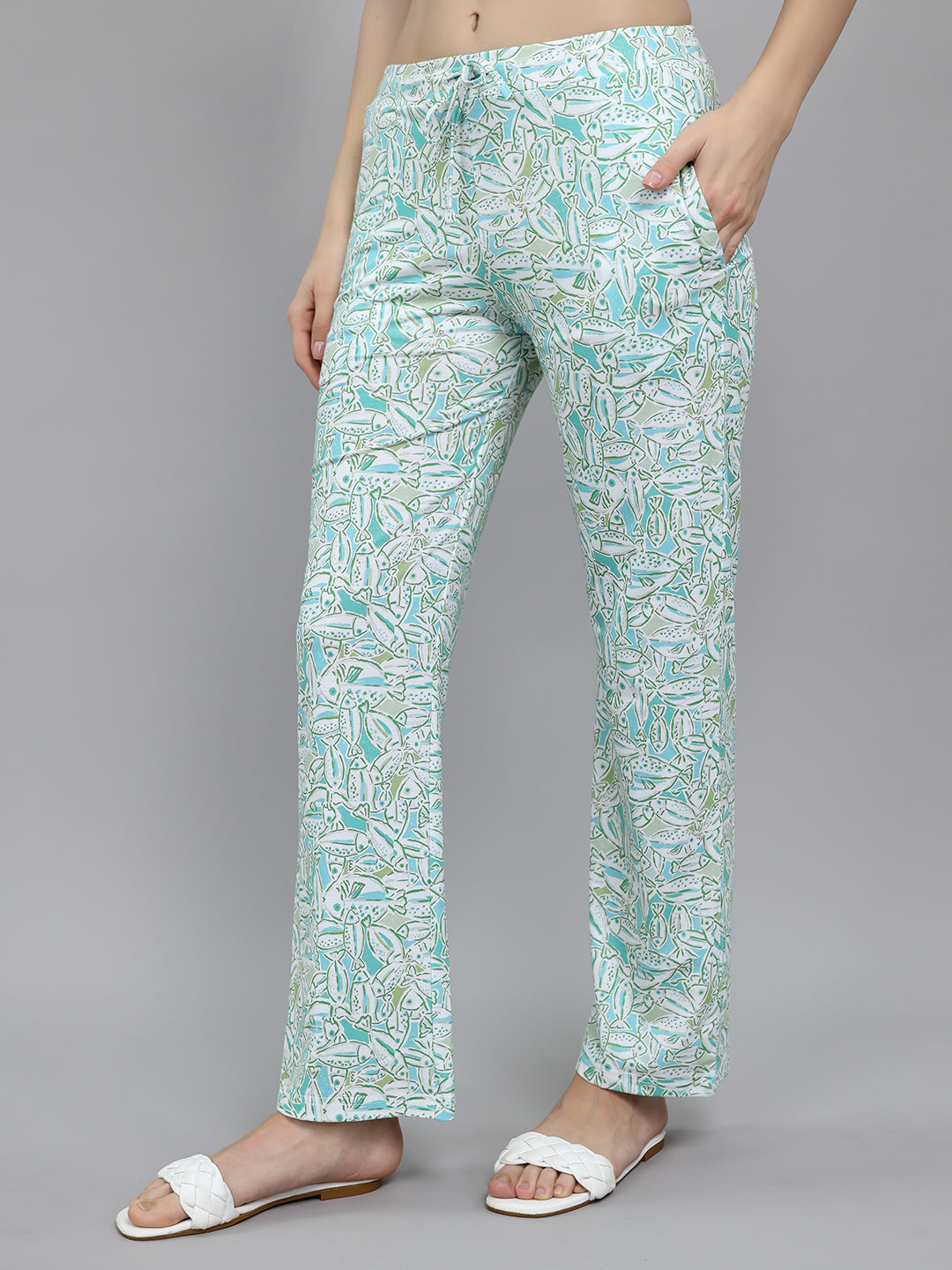 Women Turquoise Blue Printed Round Neck Half Sleeve Lower Set
