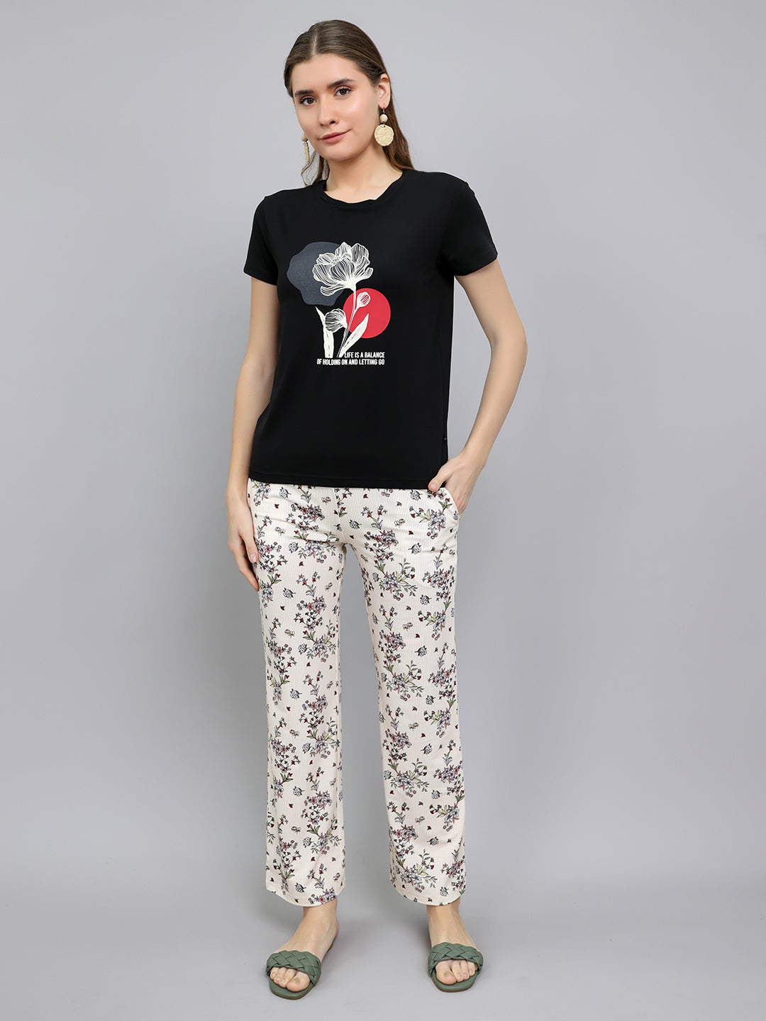 Women Black Printed Round Neck Half Sleeve Lower Set