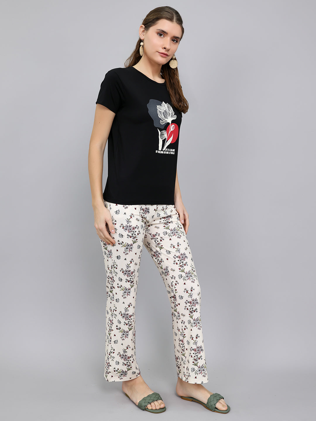 Women Black Printed Round Neck Half Sleeve Lower Set