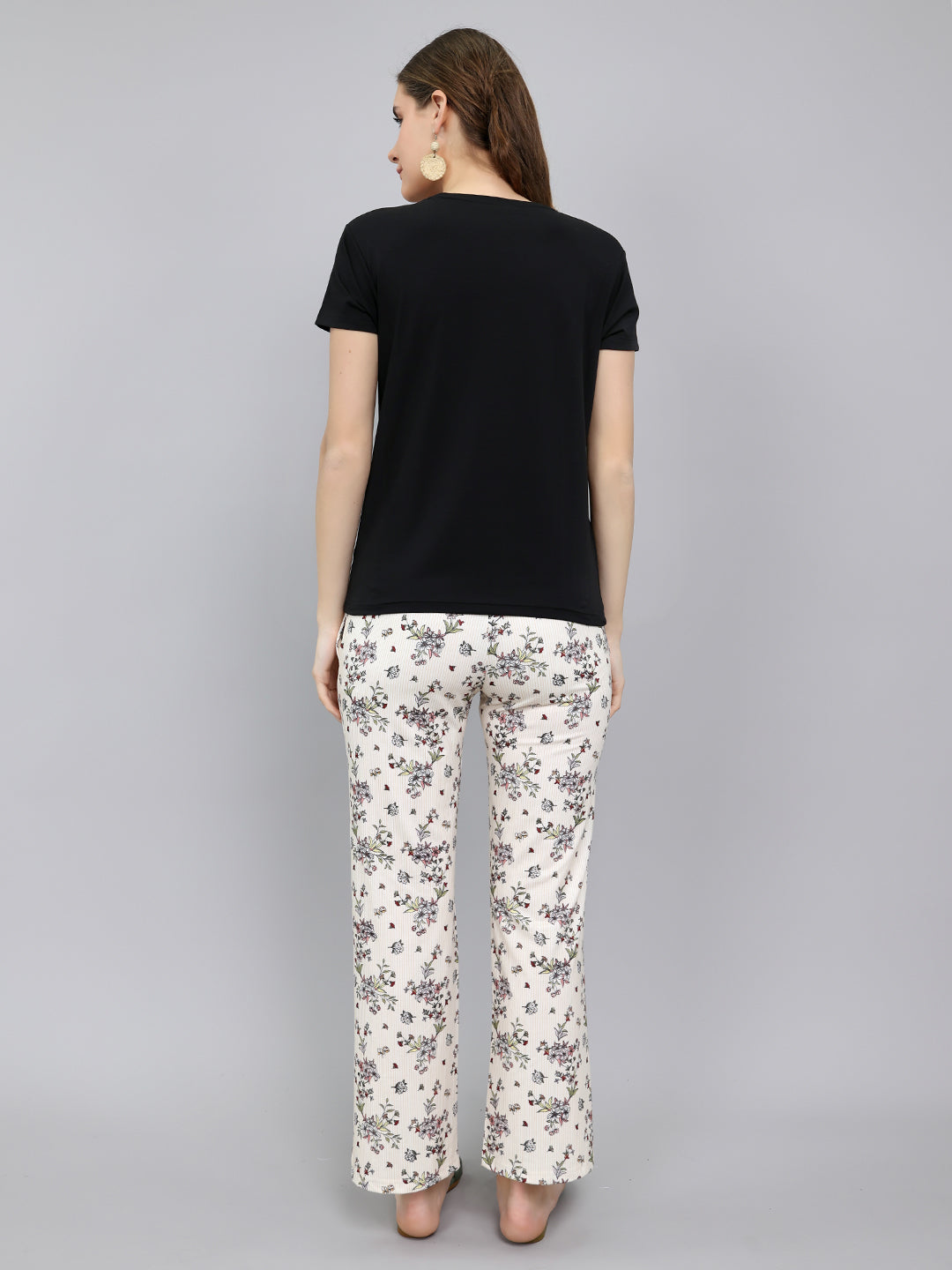 Women Black Printed Round Neck Half Sleeve Lower Set