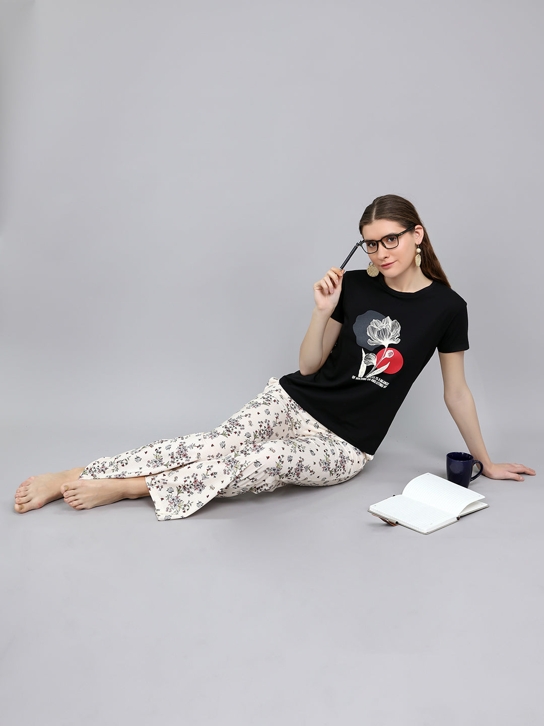 Women Black Printed Round Neck Half Sleeve Lower Set