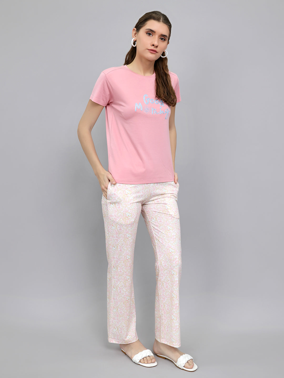 Women Pink Embroidered Round Neck Half Sleeve Lower Set