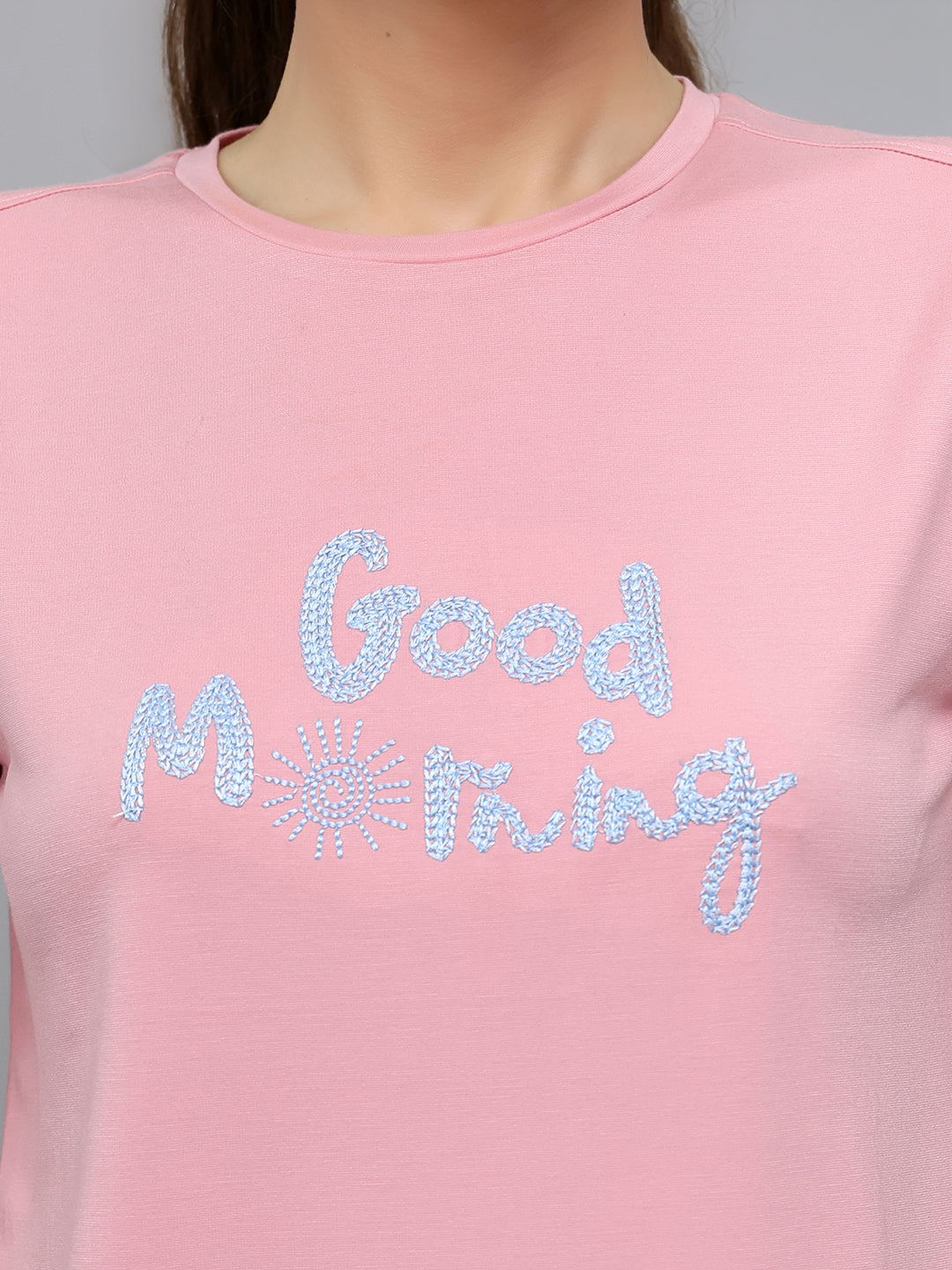 Women Pink Embroidered Round Neck Half Sleeve Lower Set