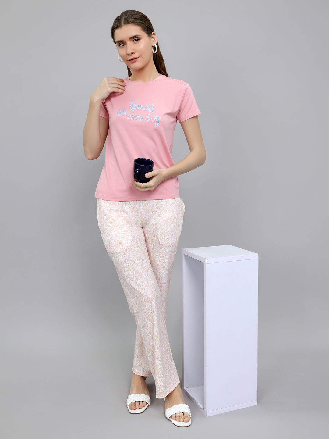 Women Pink Embroidered Round Neck Half Sleeve Lower Set