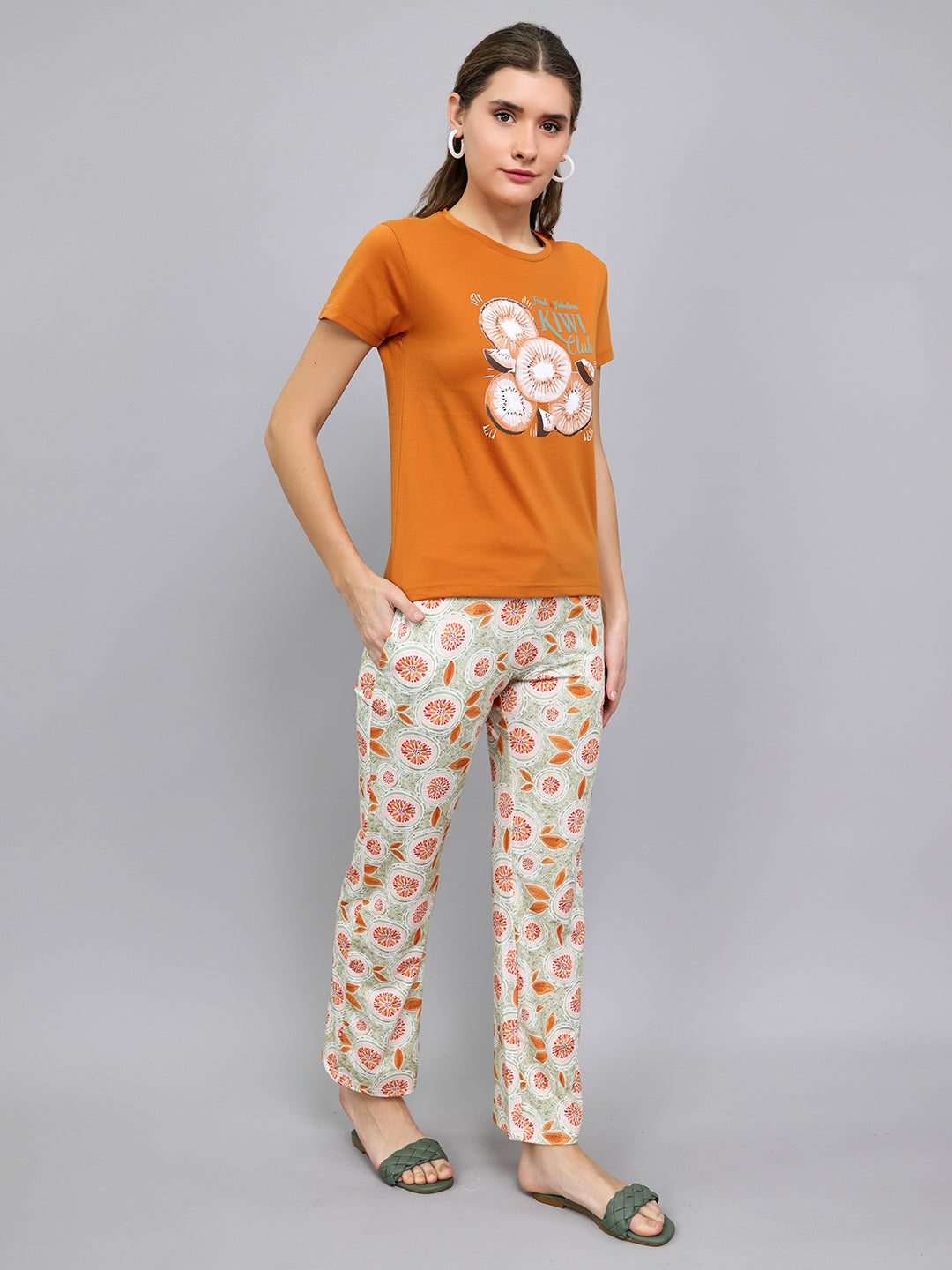 Women Rust Printed Round Neck Half Sleeve Lower Set