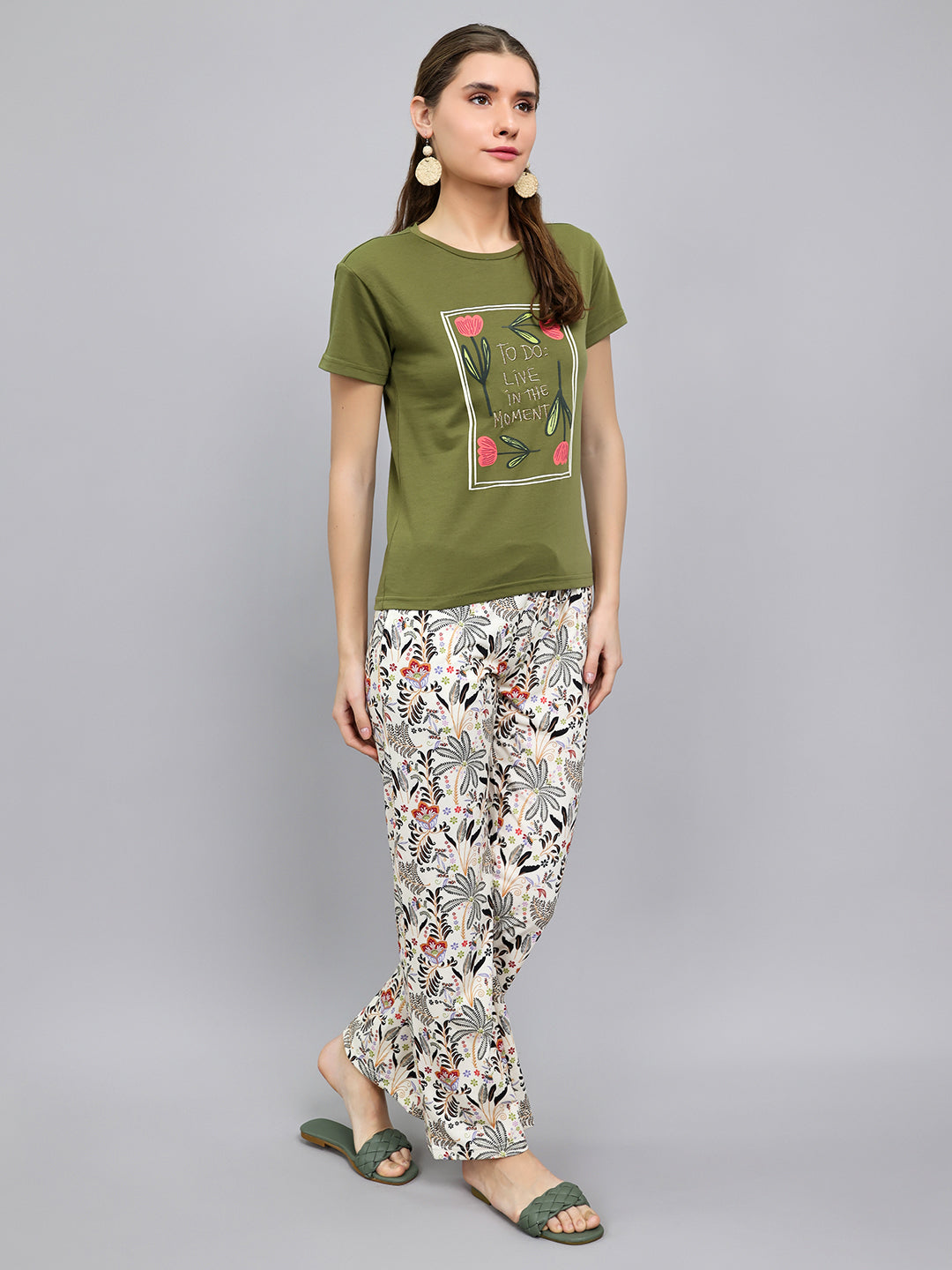 Women Olive Printed Round Neck Half Sleeve Lower Set