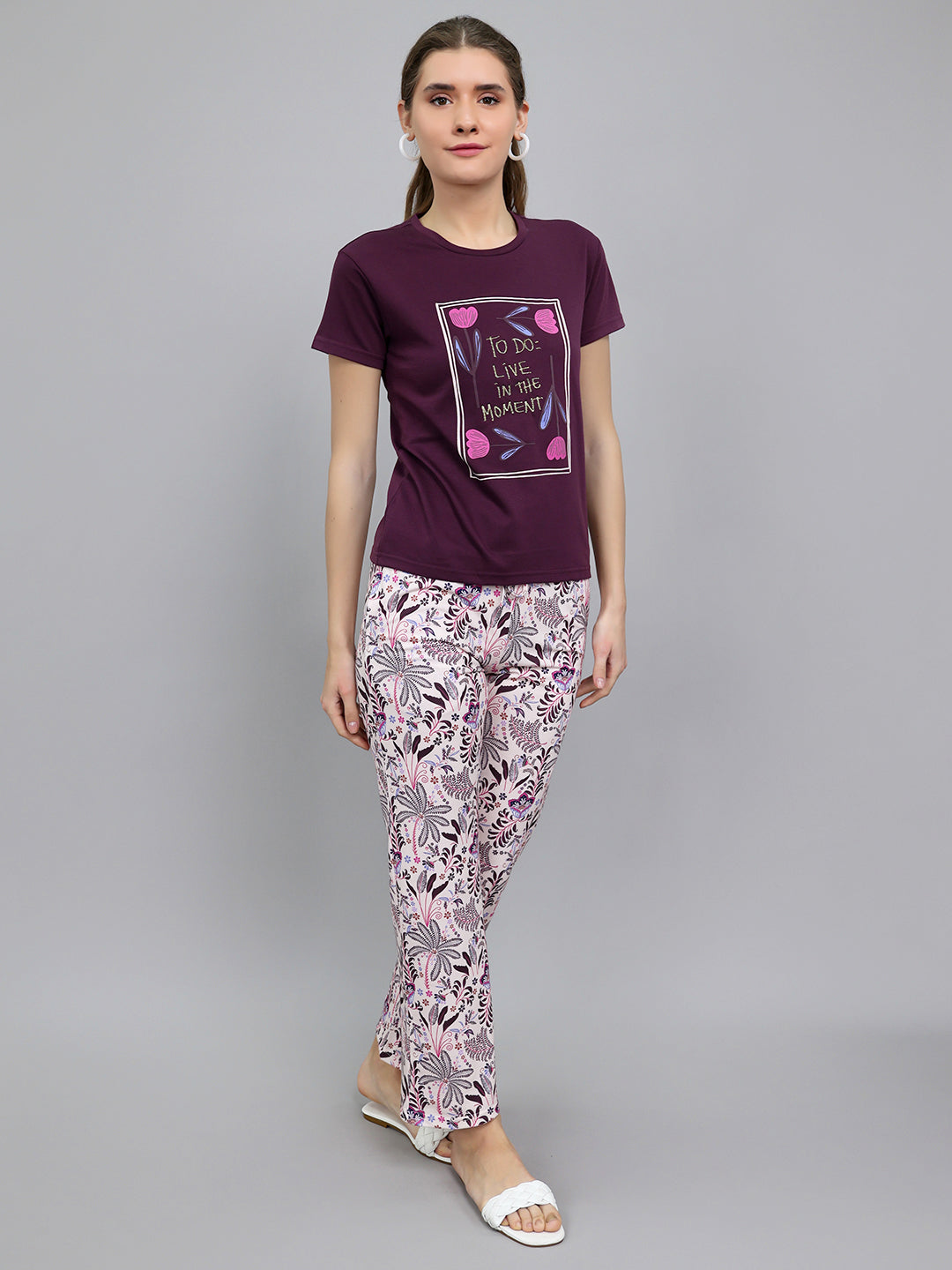 Women Purple Printed Round Neck Half Sleeve Lower Set