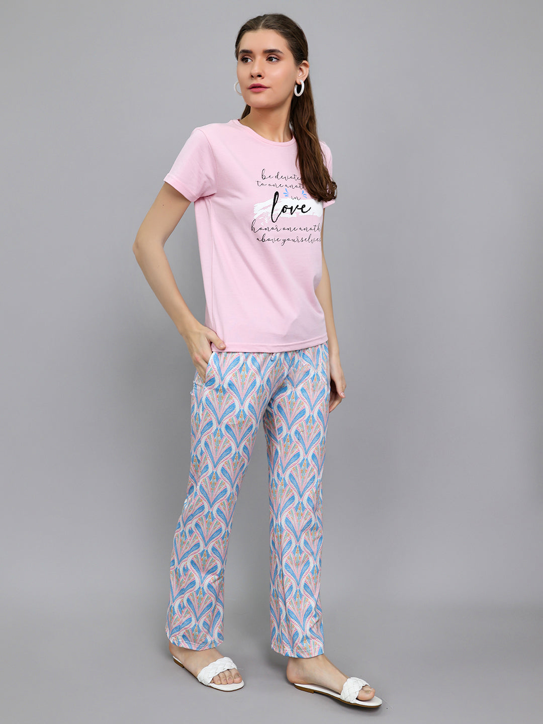 Women Pink Printed Round Neck Half Sleeve Lower Set