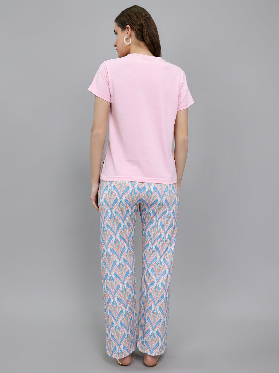 Women Pink Printed Round Neck Half Sleeve Lower Set