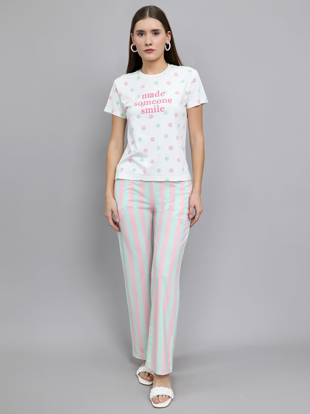 Women Off White Printed Round Neck Half Sleeve Lower Set