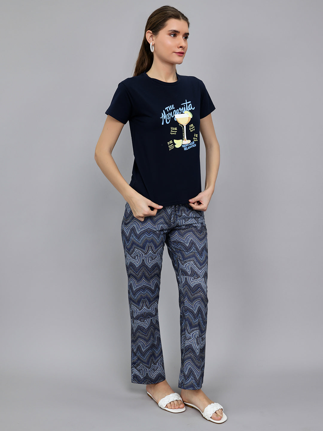Women Navy Blue Printed Round Neck Half Sleeve Lower Set
