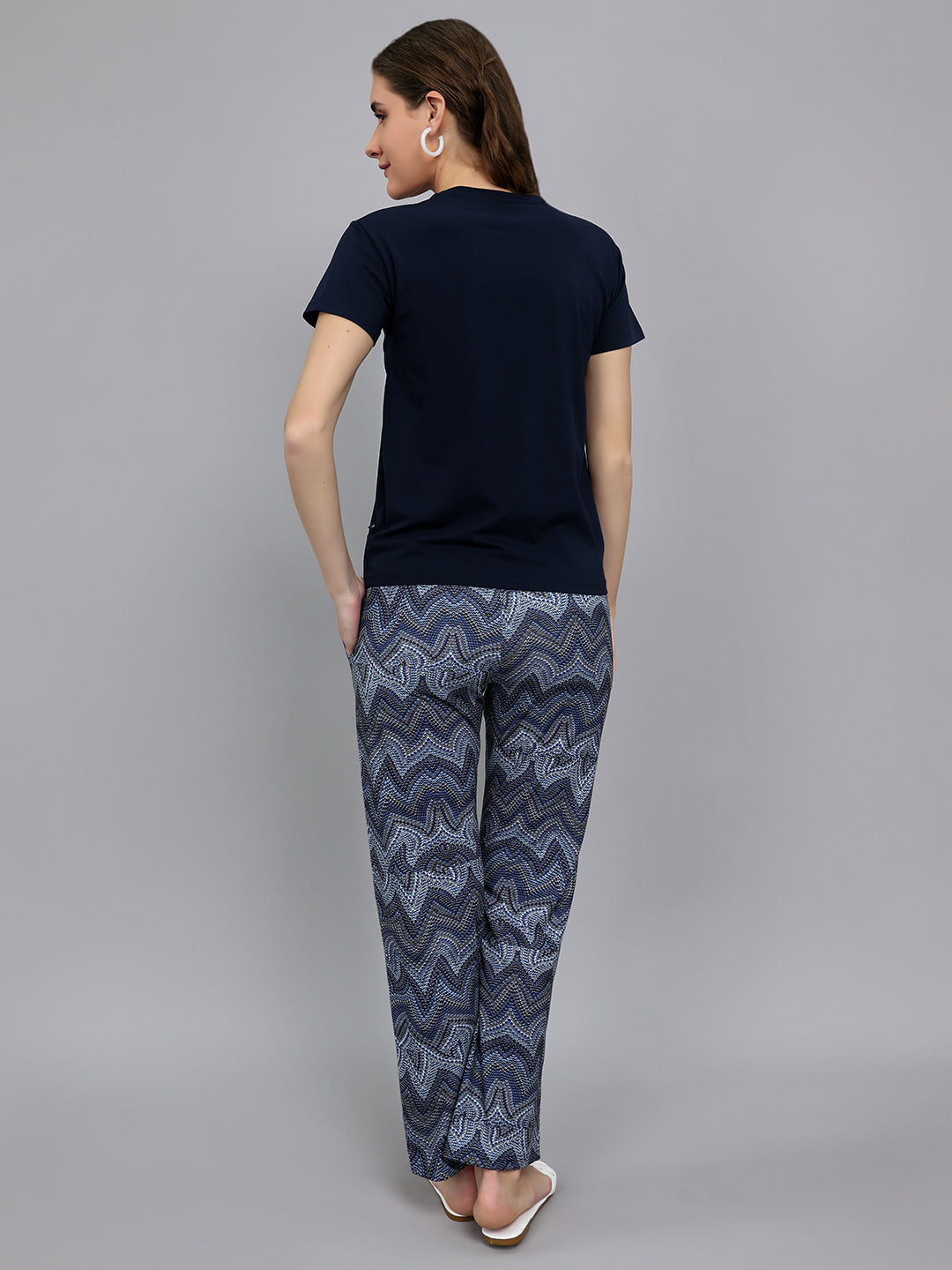 Women Navy Blue Printed Round Neck Half Sleeve Lower Set
