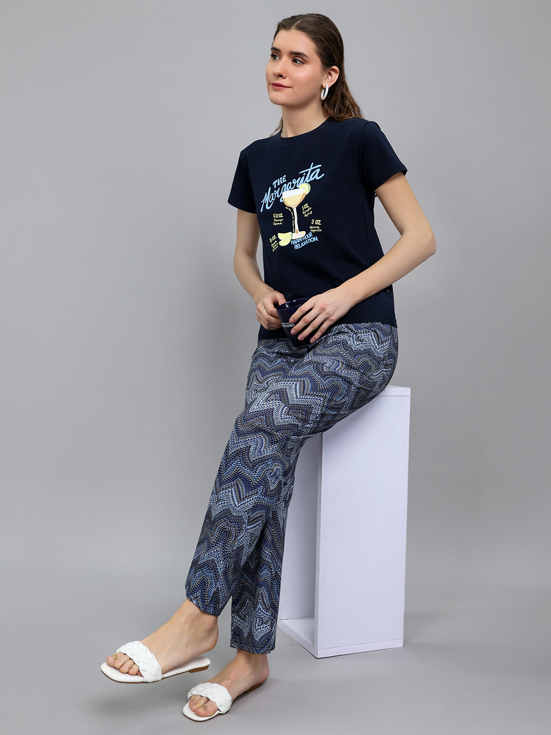 Women Navy Blue Printed Round Neck Half Sleeve Lower Set